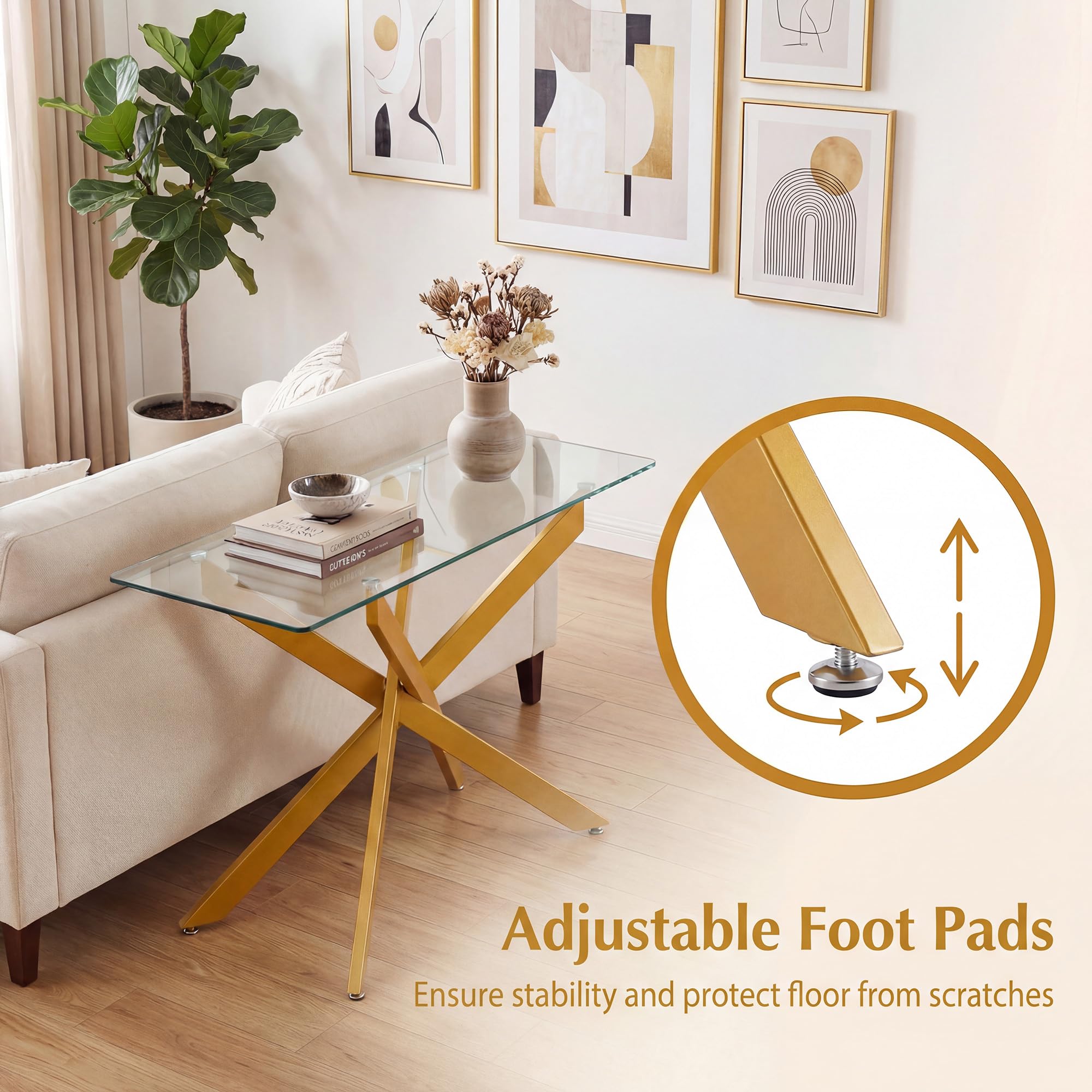 SOARS Konsolentisch mit ESG-Glas & Metalbeinen, moderner rechteckiger Beistelltisch mit verstellbaren Fußpolstern, Eingangstisch für Flur, Esszimmer & Wohnzimmer, 115 x 45 x 78 cm (Gold)