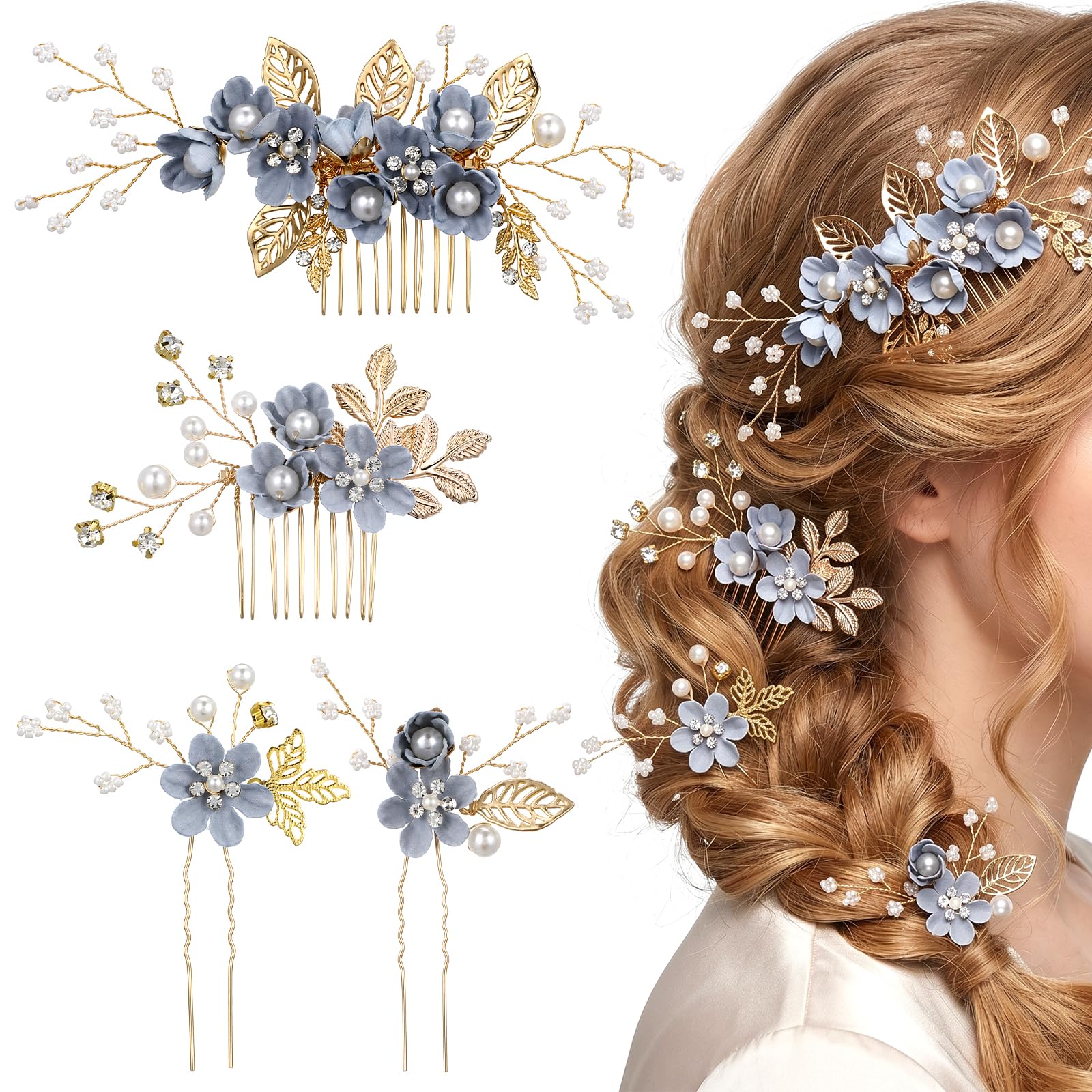 NUOBESTY 4Pcs Blue Wedding Hair Accessories, Bridal Hair Comb and Pins Set, Floral Pearl Rhinestone Headpiece for Brides Women Prom Bridesmaid