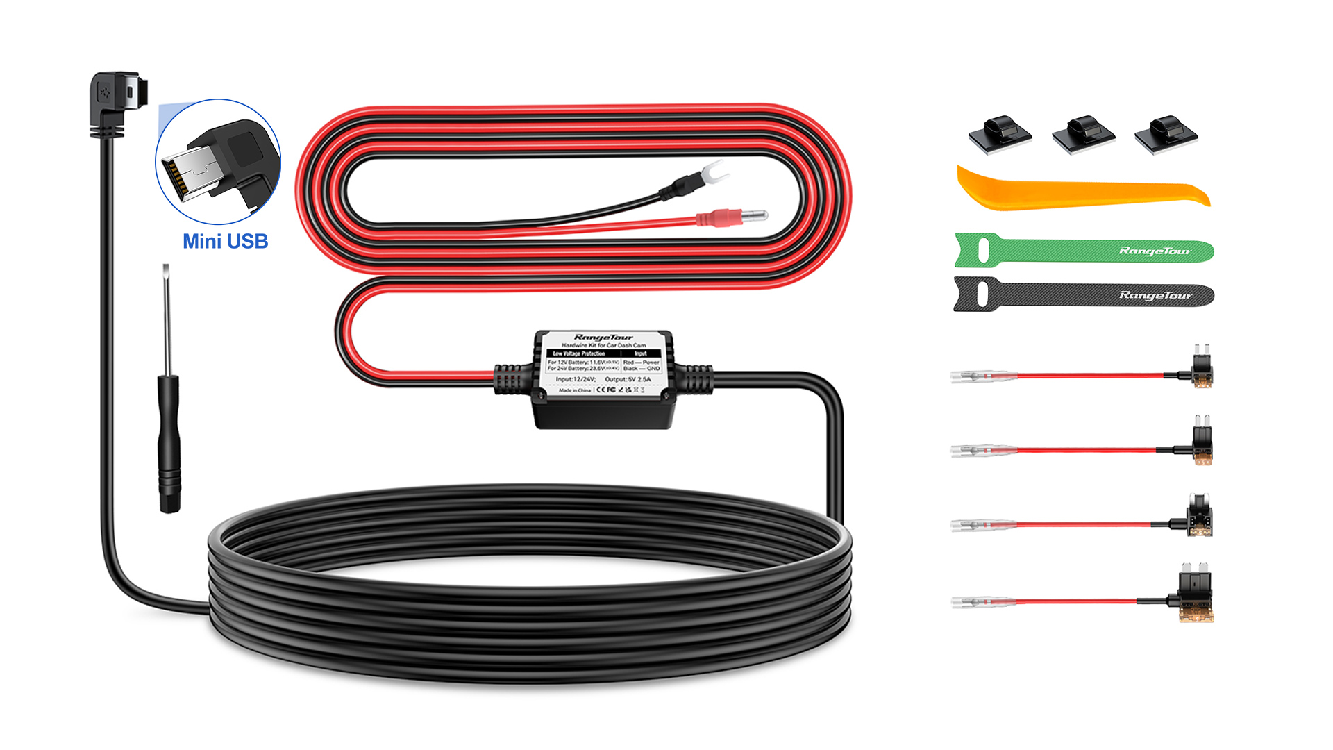 Kit Hardwire Dash Cam Range Tour - Alimentation USB-C 12V-24V Vers 5V, 3 Fils, 8 Adaptateurs