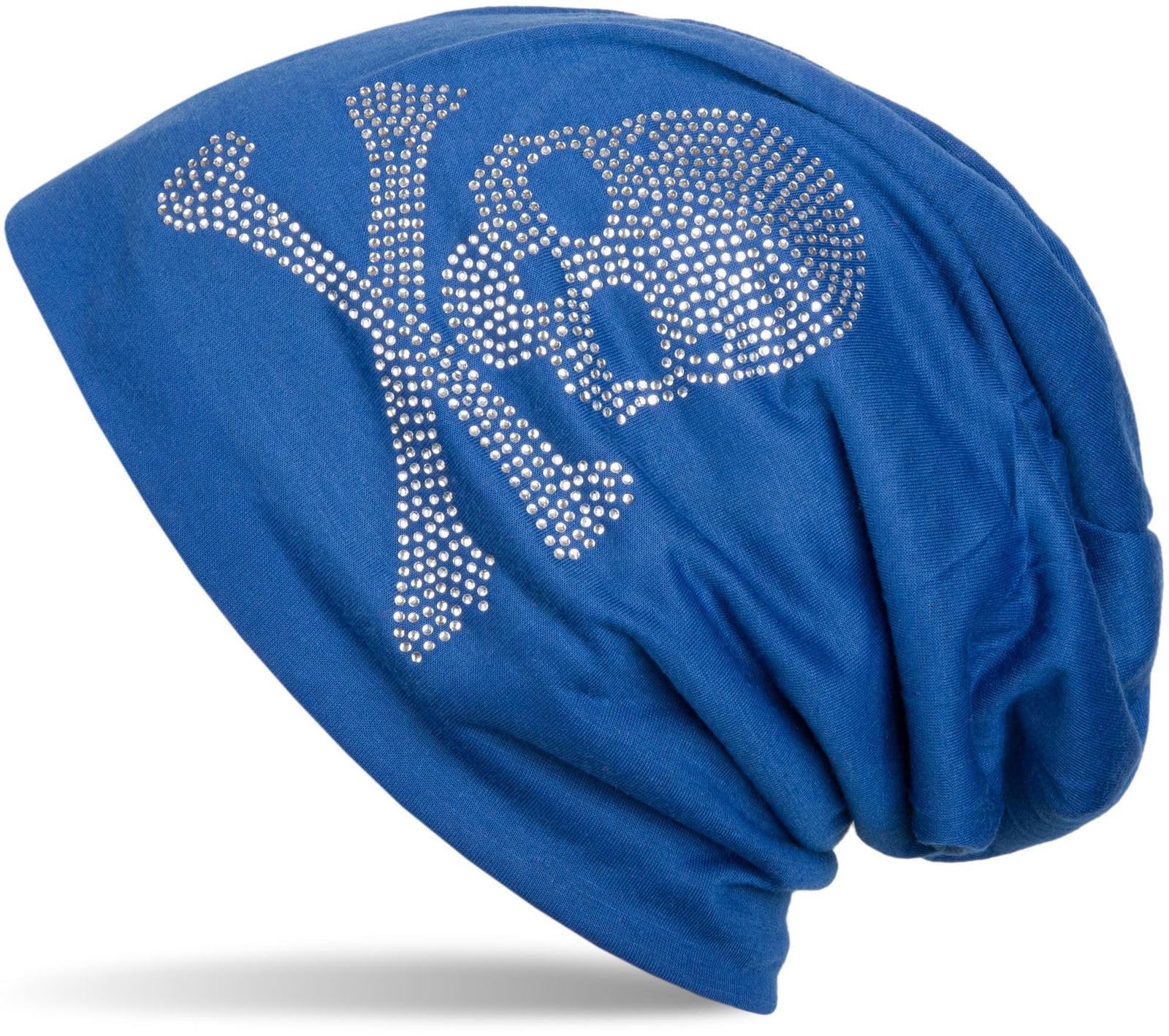 styleBREAKER Classic Beanie hat with Skull Rhinestone Detail, Unisex 04024034, Colour:Royal Blue, Material:Light