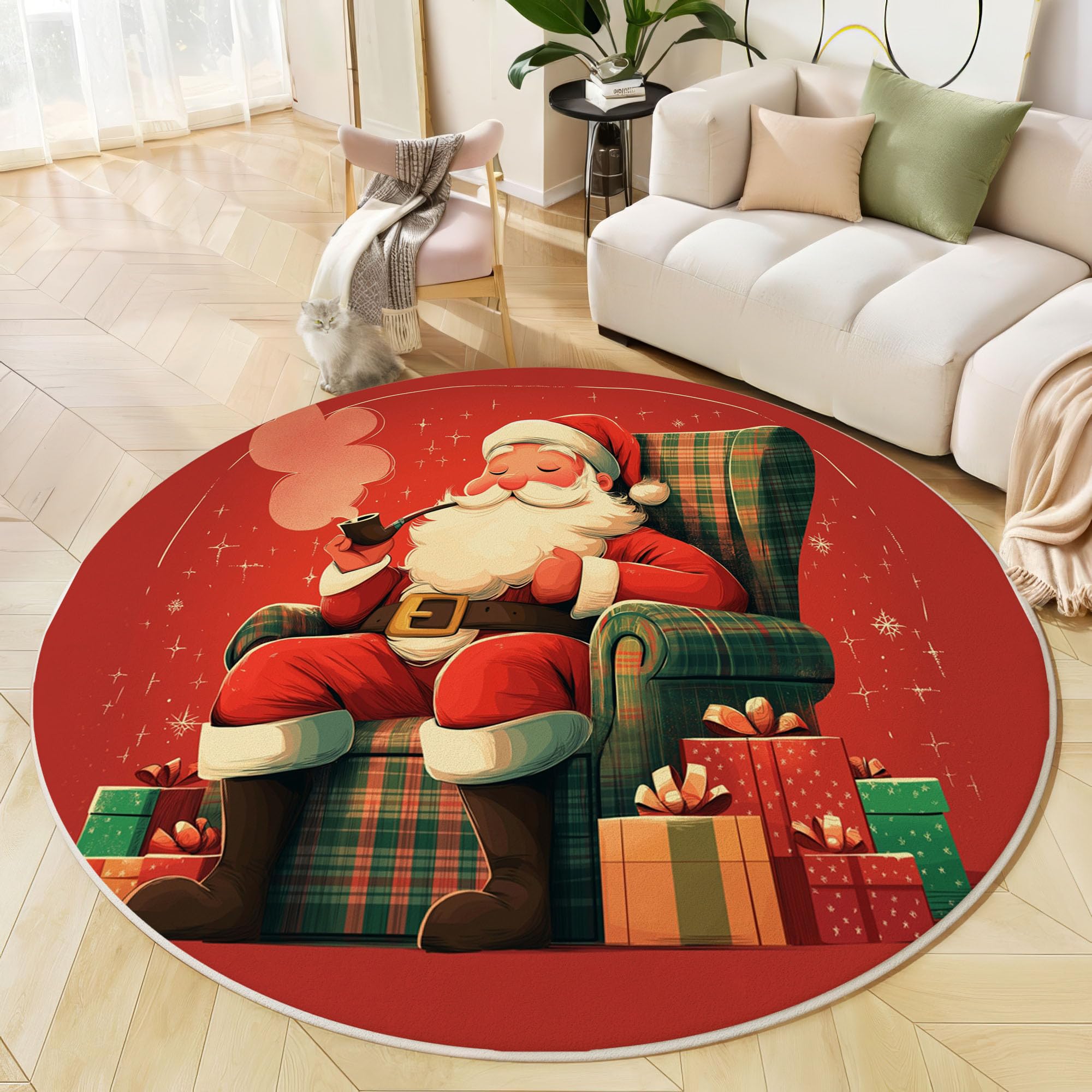 Tapis De Noël Rond, Motif Père Noël Rétro Affiche De Noël Tapis De Salon Rouge Foncé Doux Paillasson Antidérapant pour Salle À Manger Canapé Chambre d'enfant Fête, Diamètre 120 Cm