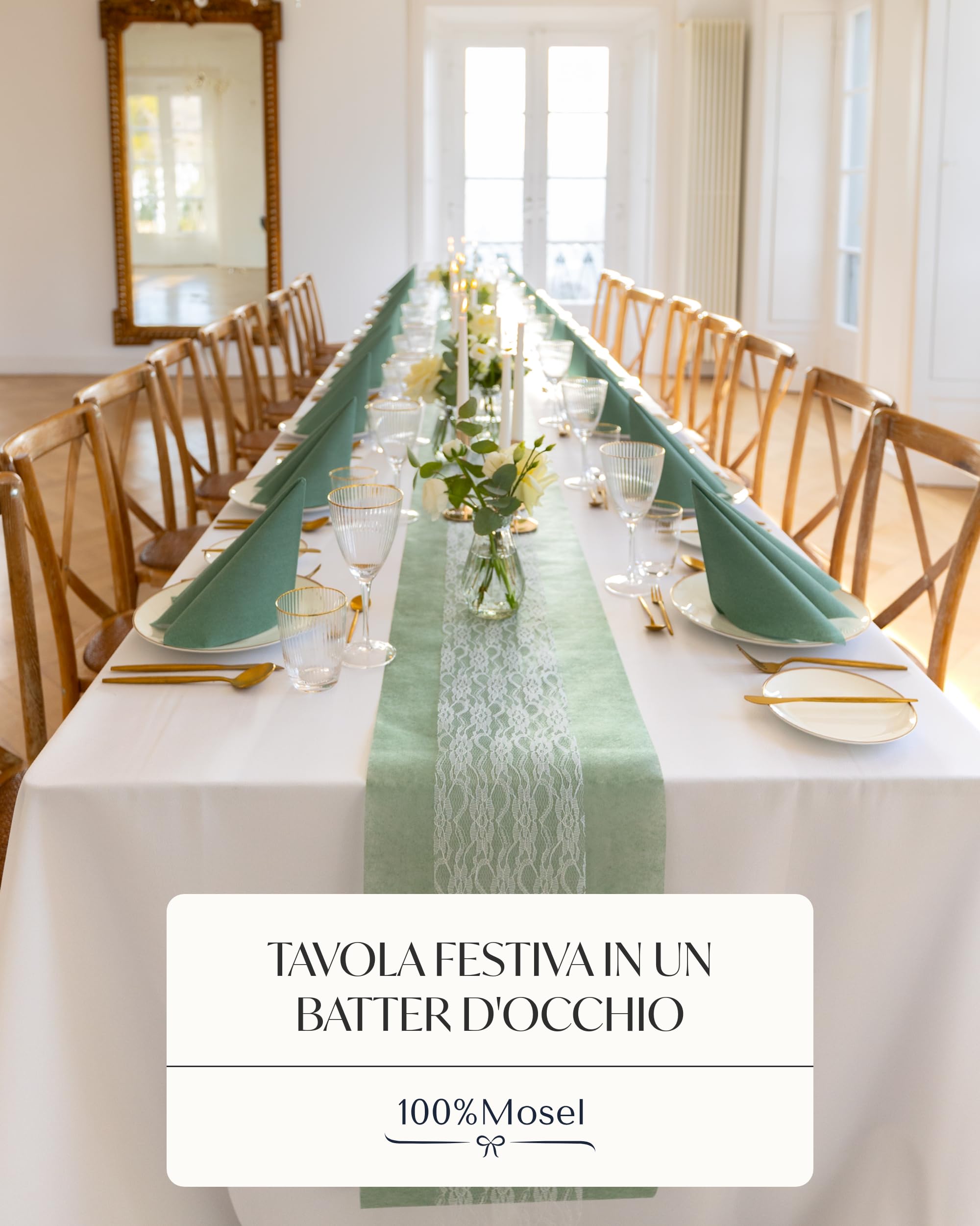 100% Mosel Kit decorazione per la tavola – Verde Eucalipto & Bianco | 25–50 ospiti – Runner in TNT & Pizzo con Tovaglioli airlaid – Kit completo per Matrimonio, Battesimo & Comunione