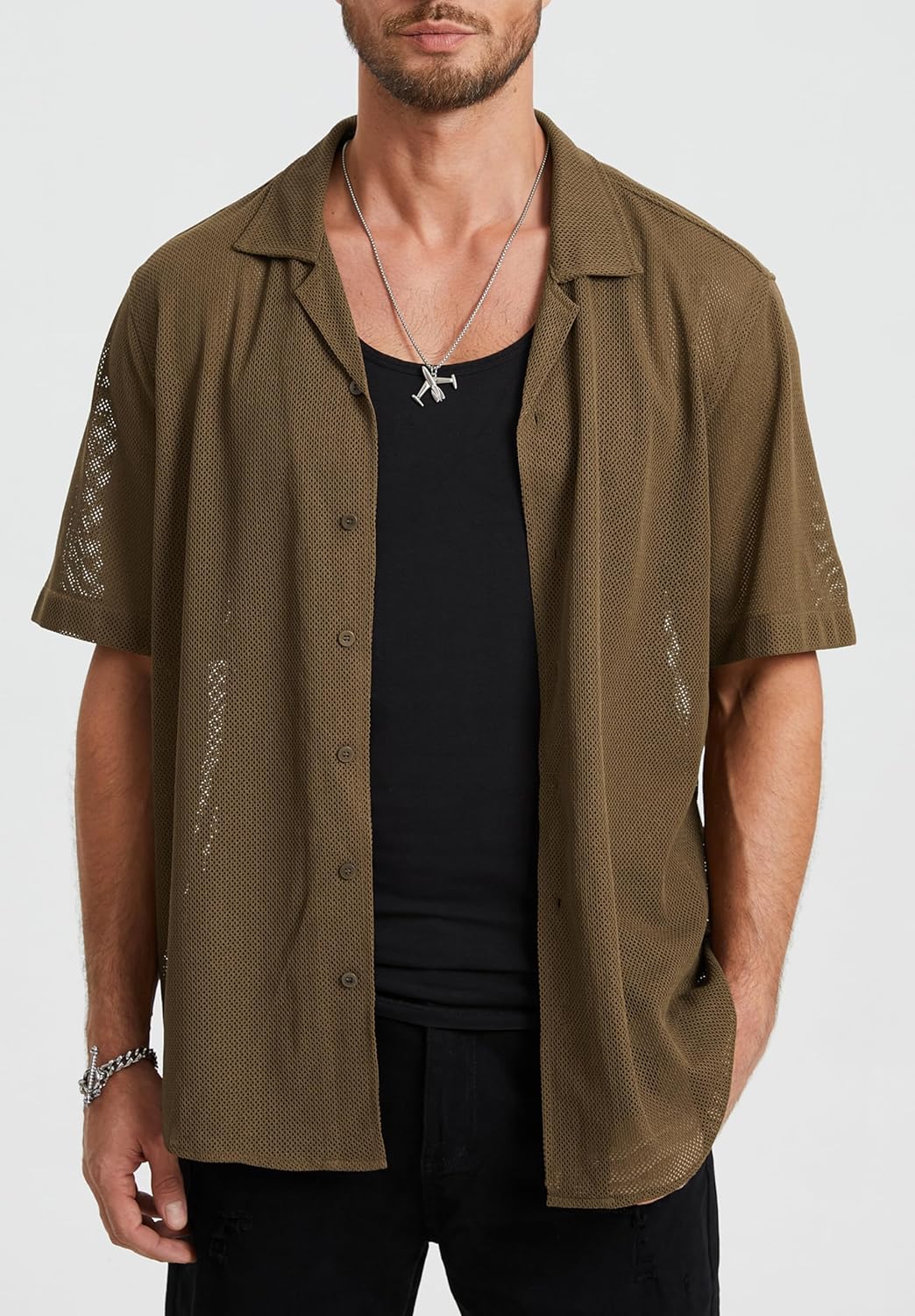 HISDERN Mens Summer Beach Shirts Casual See Through Sheer Lace Shirt Short Sleeve Button Down Mesh Shirt for Men - Image 2