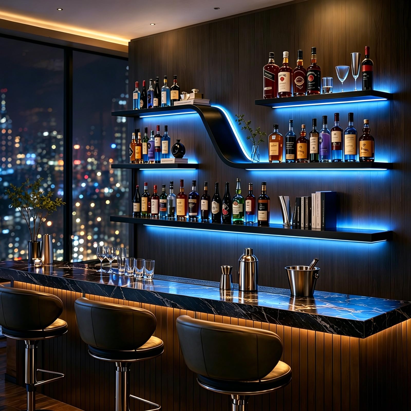 120cm Portabottiglie da parete con luci LED, espositore per bottiglie di liquori, mensole da bar in metallo a 3 ripiani, ideale per bar, caffetterie e ristoranti