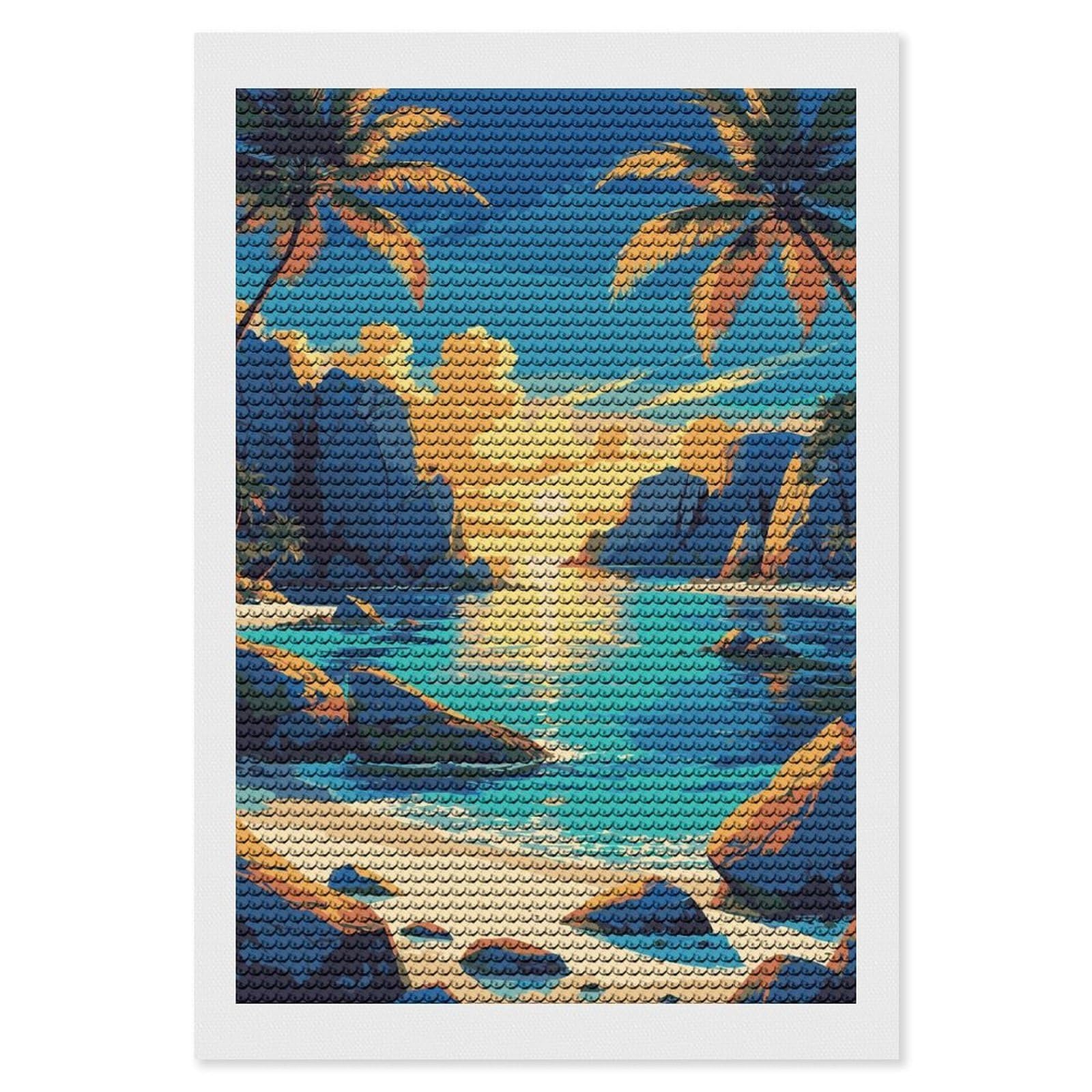 Junmoney Tropical Beach Sunset Illustration Diamond Art Kit 8"x12", for Beginners, Vintage Style Decor, Good for Quiet Evenings, Festive Craft Gift