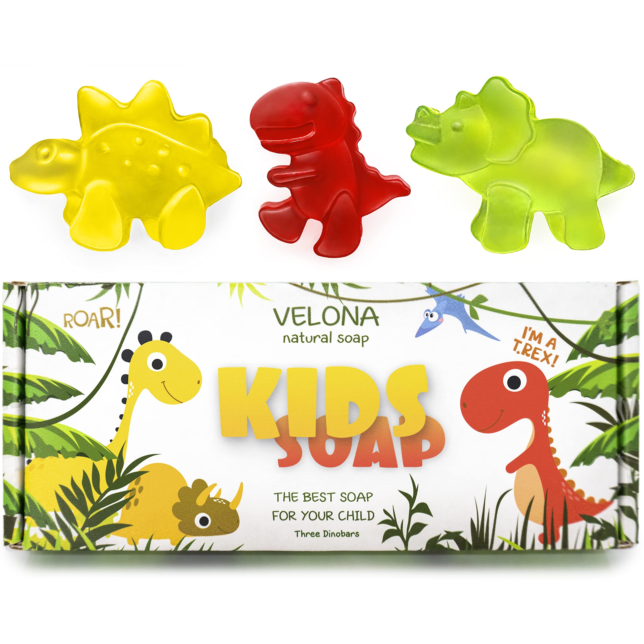 velona Kids Soap – 3 Dinobars | Gift For Girls and Boys | Colored Dinosaurs For All Skin Types | Natural Oils and Ingredients, Fun Bath Time for Children | Made in USA (3 Bars)