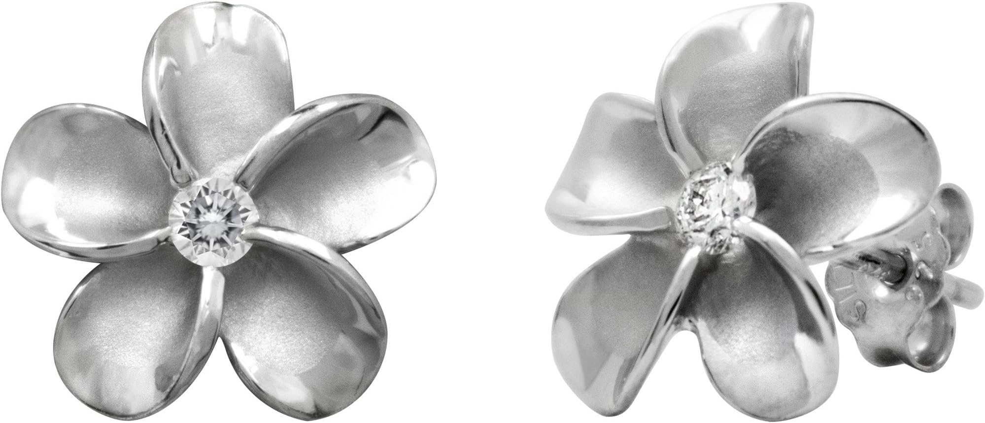 Sterling Silver Plumeria Flower Nature Stud CZ Earrings, 12mm