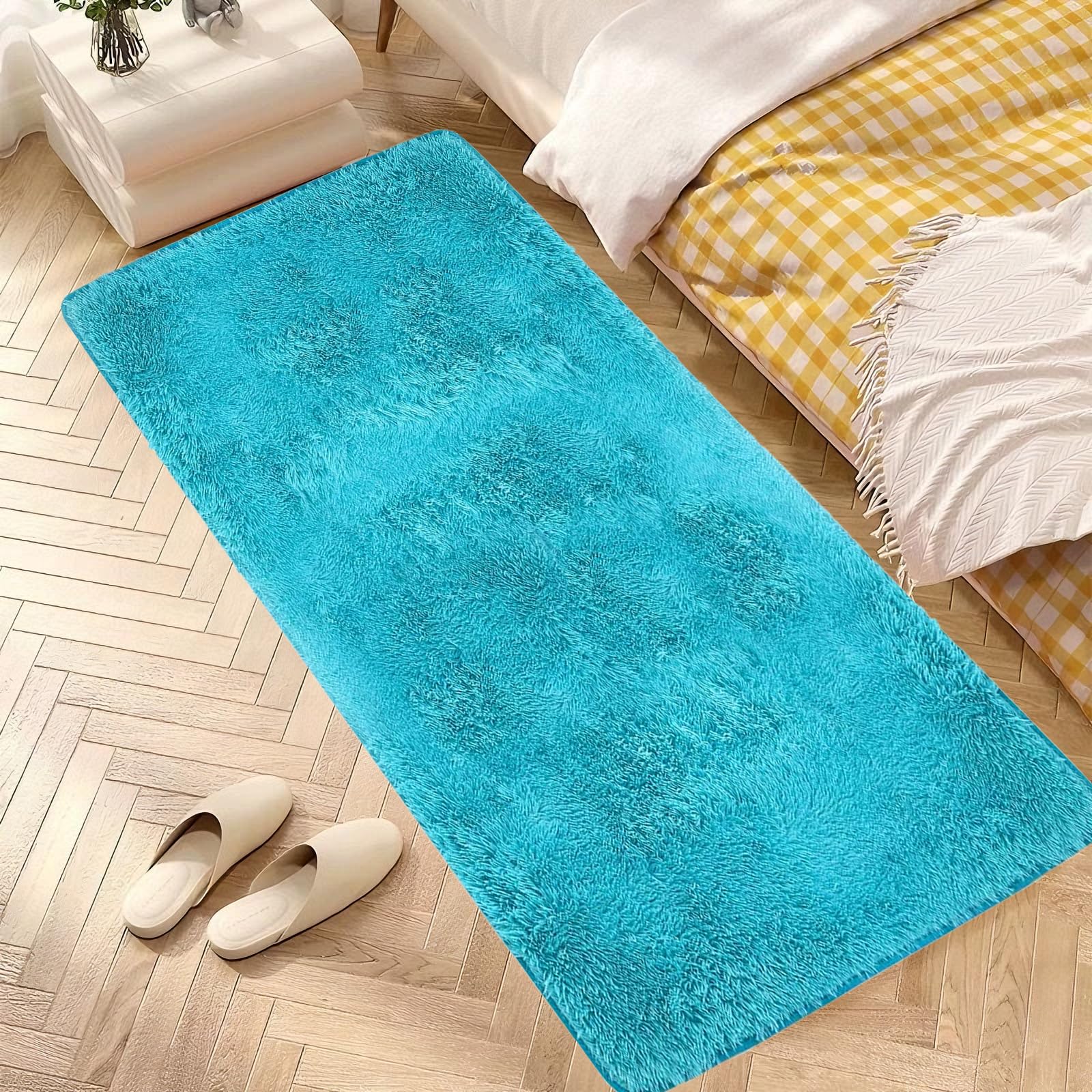 Tapis chambre shaggy bleu doux 65x420 cm pour créer un salon moderne et chaleureux