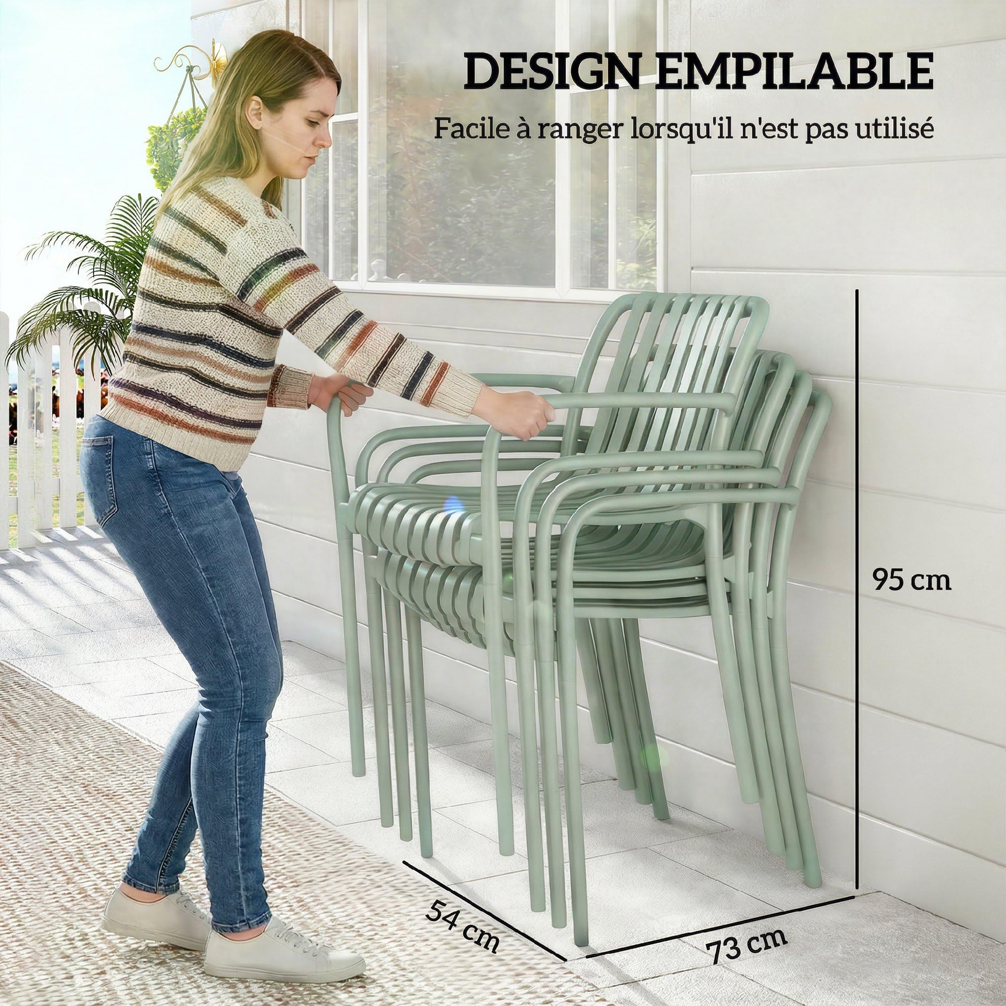 Outsunny Lot de 4 Chaises de Jardin Empilables en Polypropylène Anti-UV - Fauteuil de Terrasse avec Accoudoirs et Dossier à Lattes Ergonomique - Chaises de Salle à Manger Extérieures, Gris Vert