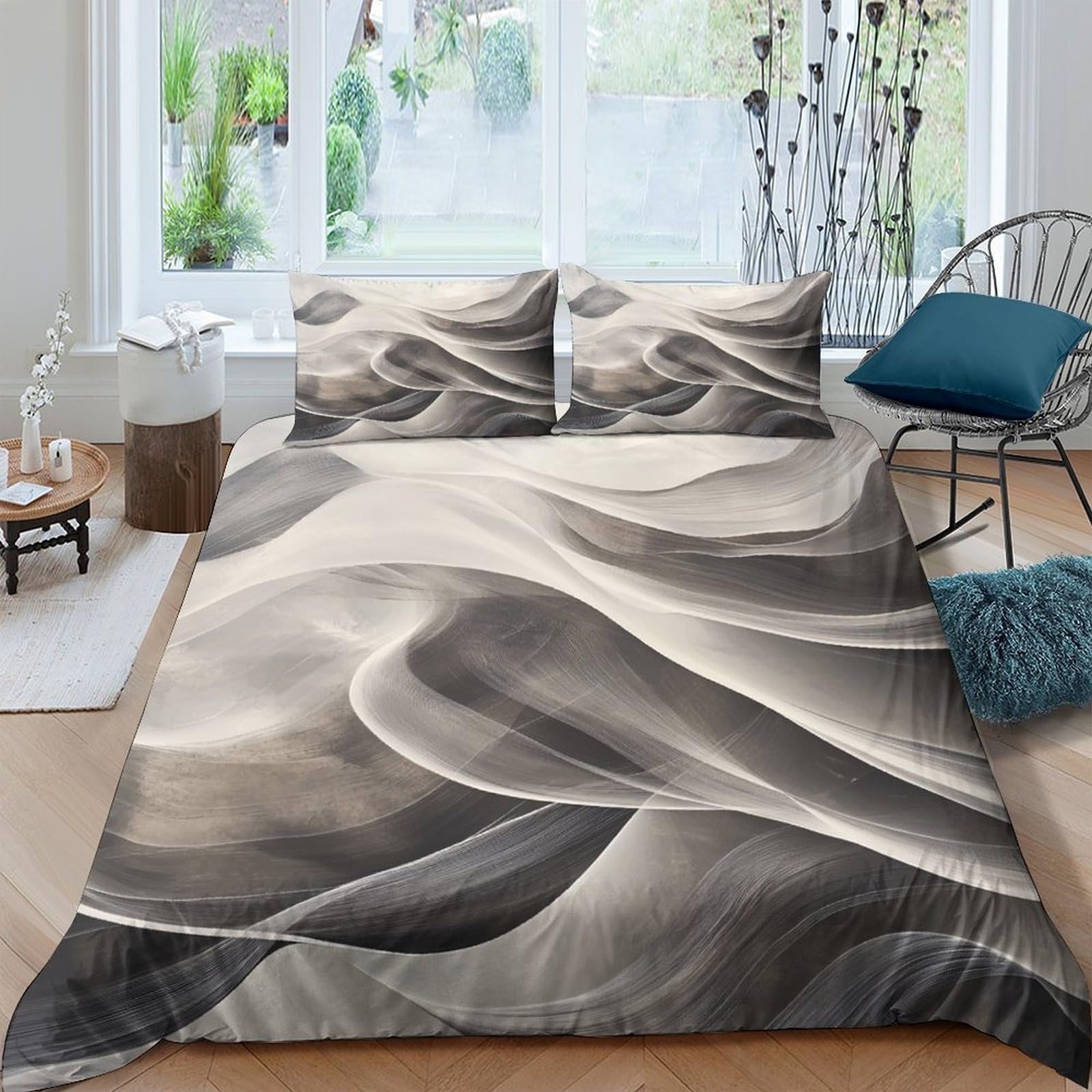 Ctjqhvkz Style-1 3D Printed Sand Wave Fitted Sheet Microfiber Soft Beige Black Abstract Pattern Mattress Cover For Bedroom Decor Single（135X200cm）