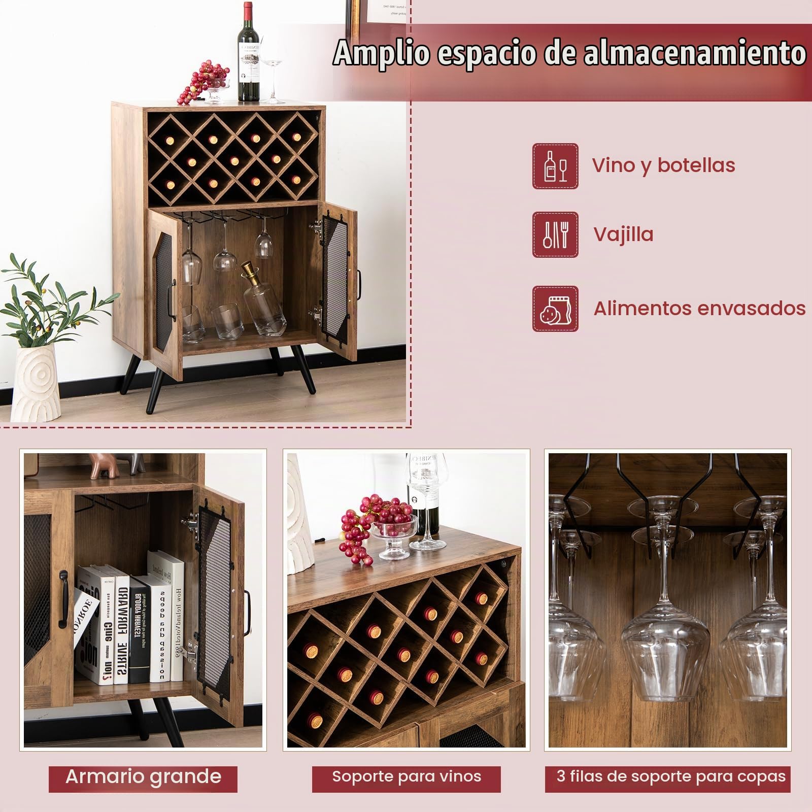 KOMFOTTEU Aparador de Vino para Cocina, Armario Industrial con Estante Extraíble de 11 Botellas y Portavasos, Mueble Buffet con 2 Puertas de Malla y Dispositivo Antivuelco, para Comedor, Salón