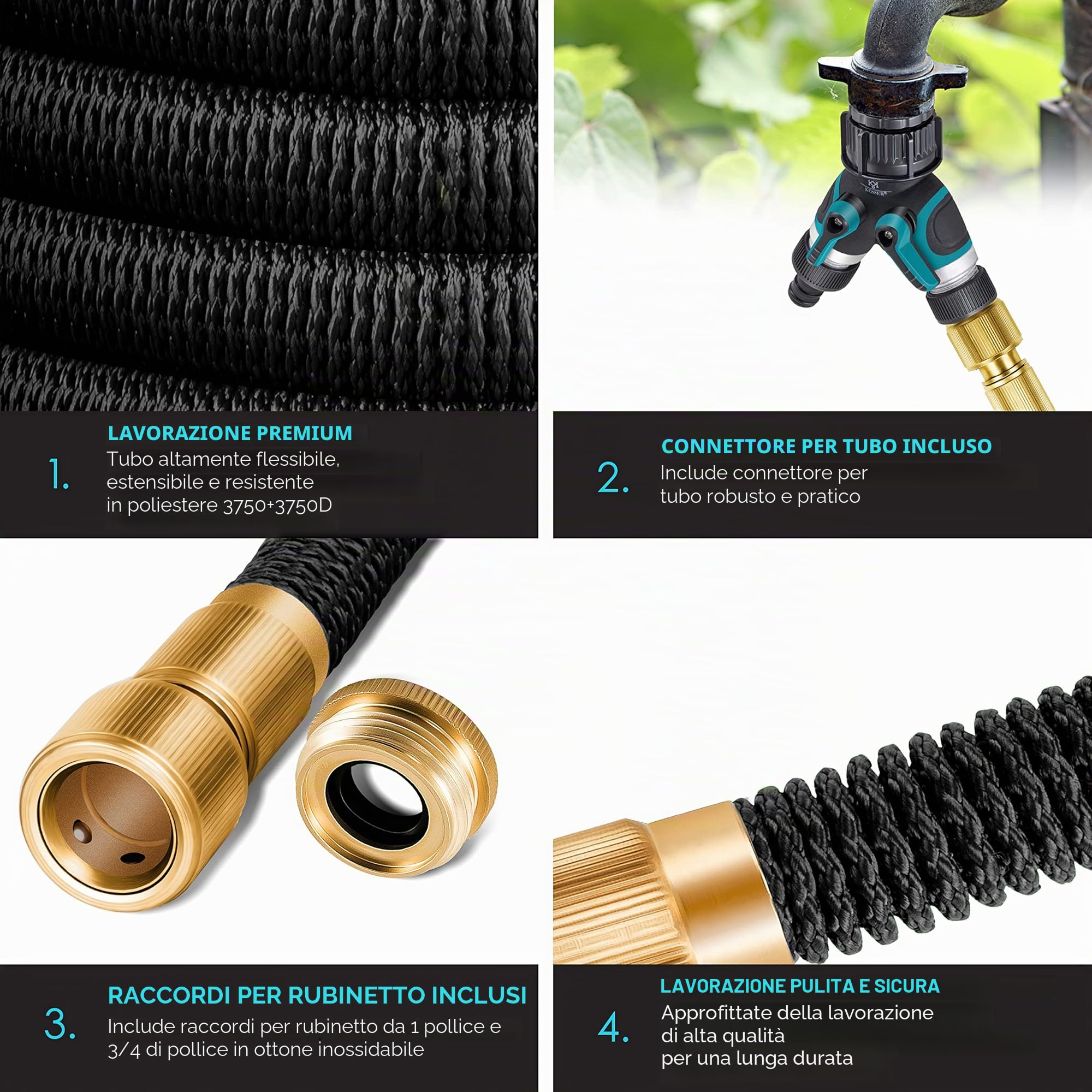 KESSER® Tubo da giardino flessibile di alta qualità, allungato, con supporto a parete, tubo flessibile con nucleo in lattice a 3 scomparti, tubo flessibile flessibile, viti in ottone di alta qualità