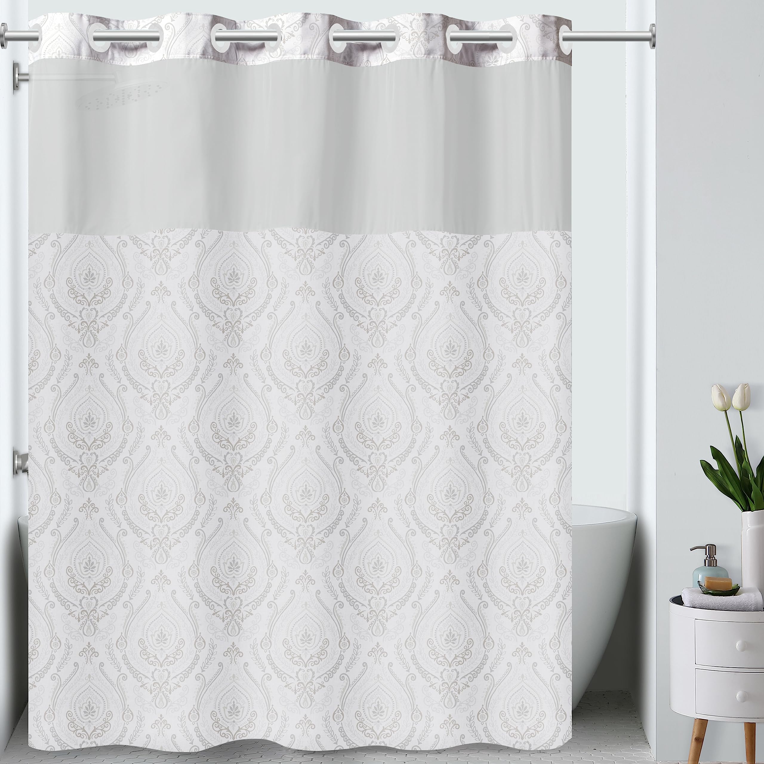Hookless French Damask Shower Curtain in White