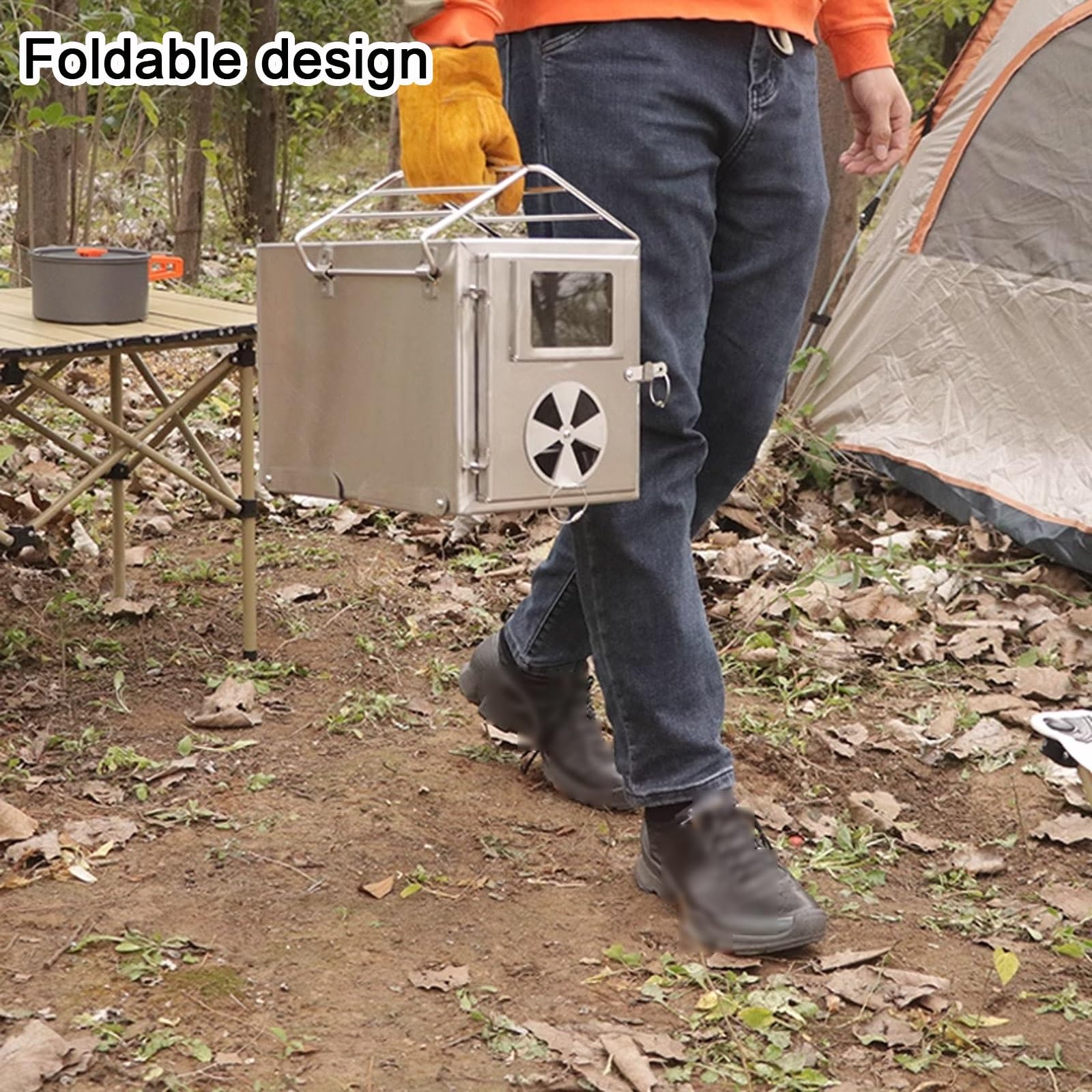 Stufa a Legna Portatile da Campeggio Realizzato in Acciaio Inossidabile Design Pieghevole con Finestra di Osservazione