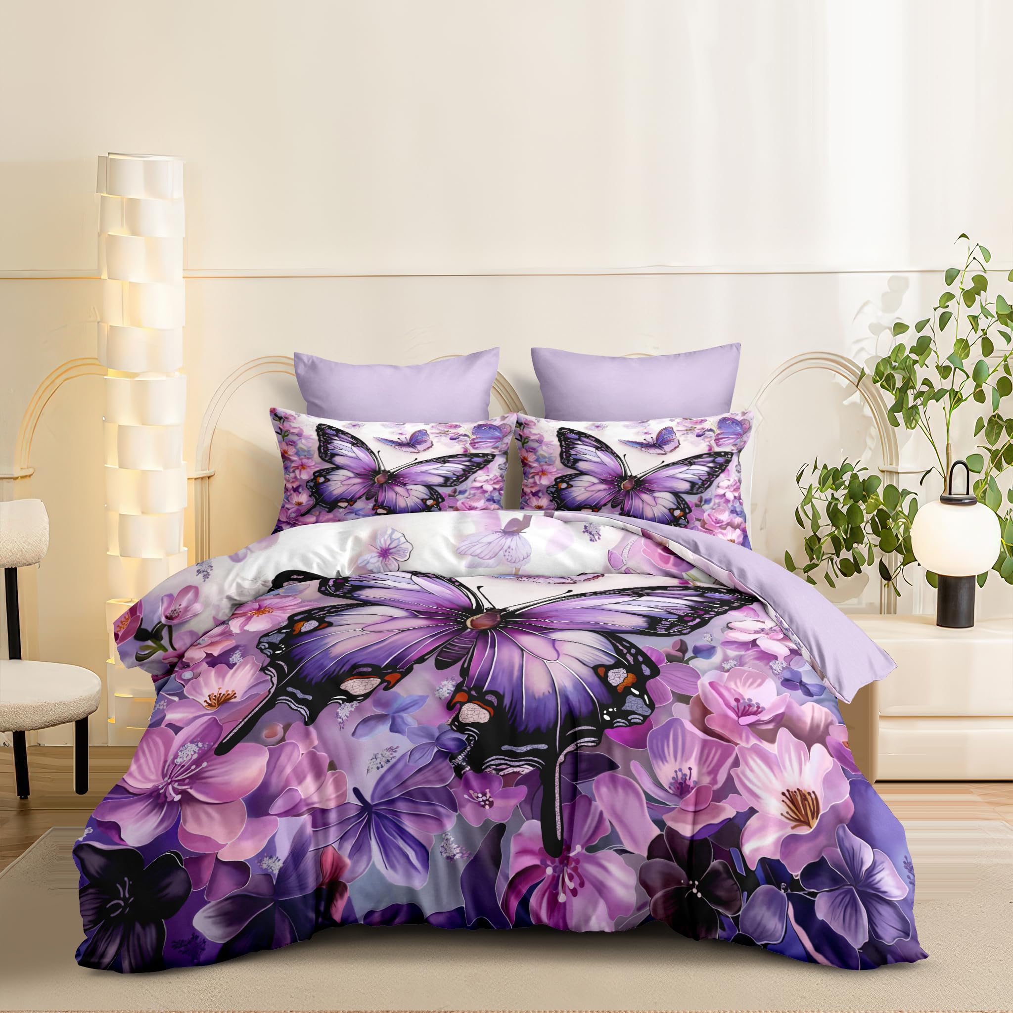 CCoutueChen Butterfly Comforter Set King Size, Purple Victorian Flowers Bedding Sets for Women,Lightweight Down Alternative Comforter - 3Pieces Soft Fluffy Microfiber Quilt with 2 Pillowcases,104*90