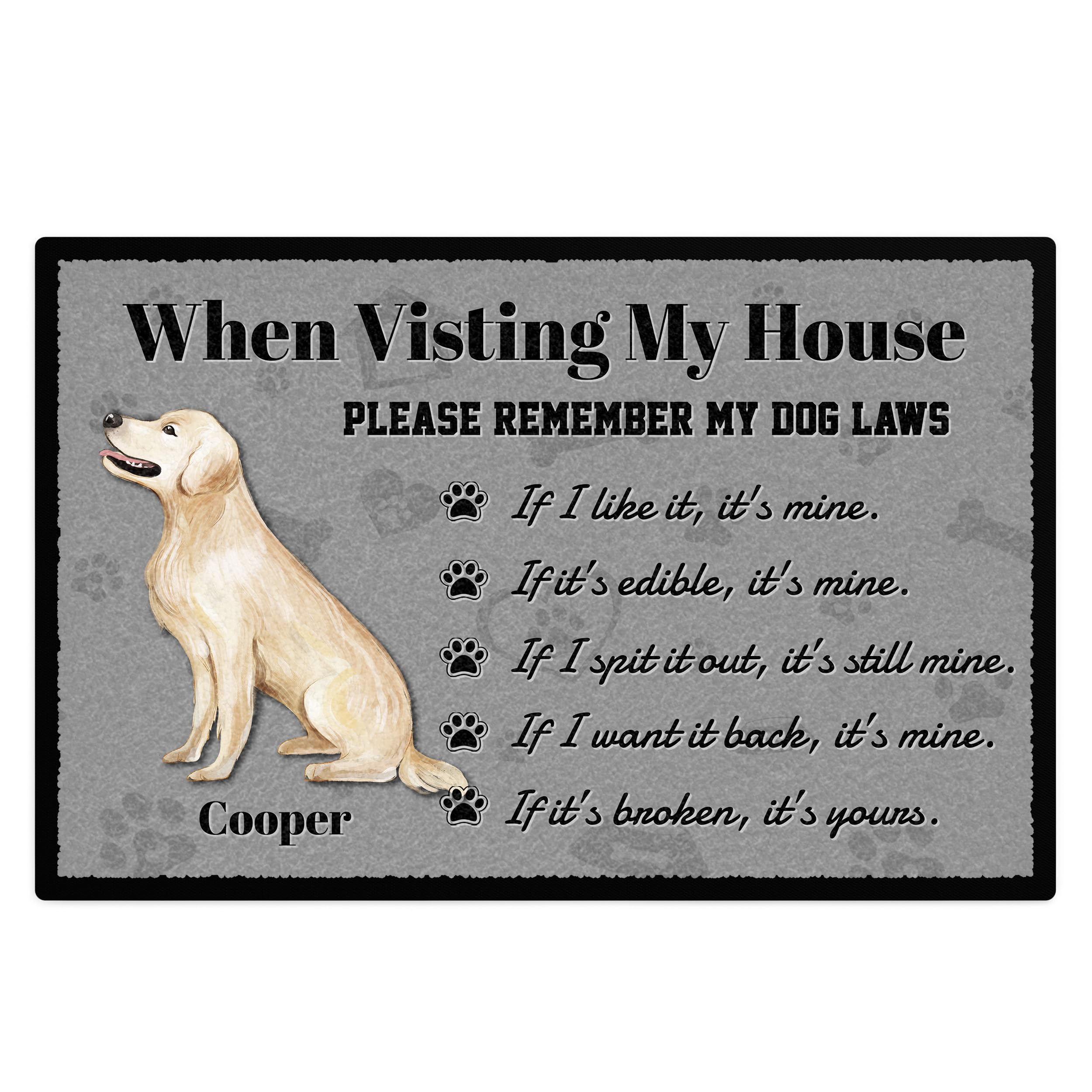 Personalised Golden Retriever Floor Mat Rules Non Slip Indoor Doormat House Warming Gift, 90cm x 60cm, White