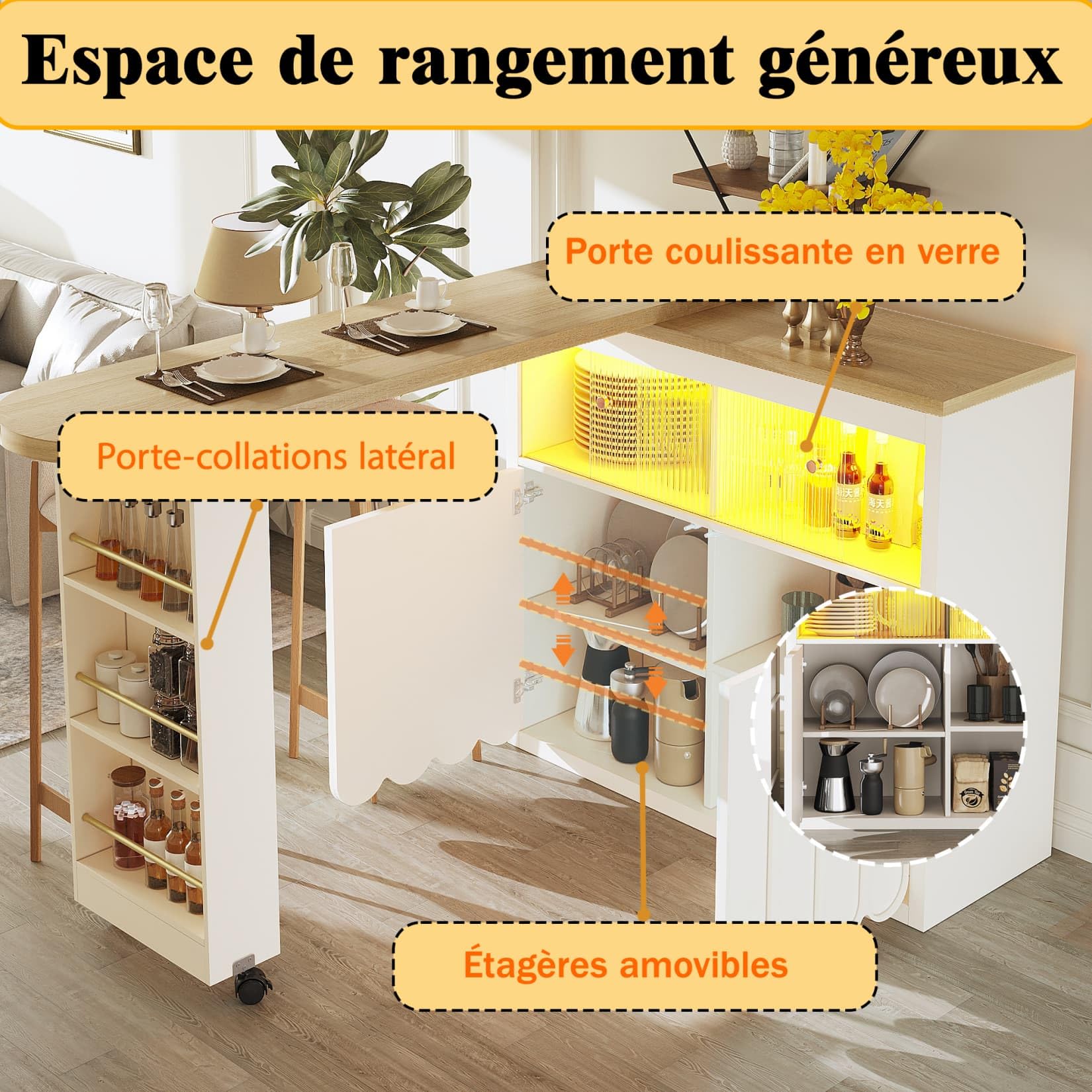 Table de Bar Extensible avec Espace de Rangement,Table Bar Cuisine Pivotant à 360° Moderne avec LED,Meuble de Rangement pour Cuisine,Salon,Salle à Manger,135-205×39×100cm (Blanc-B)