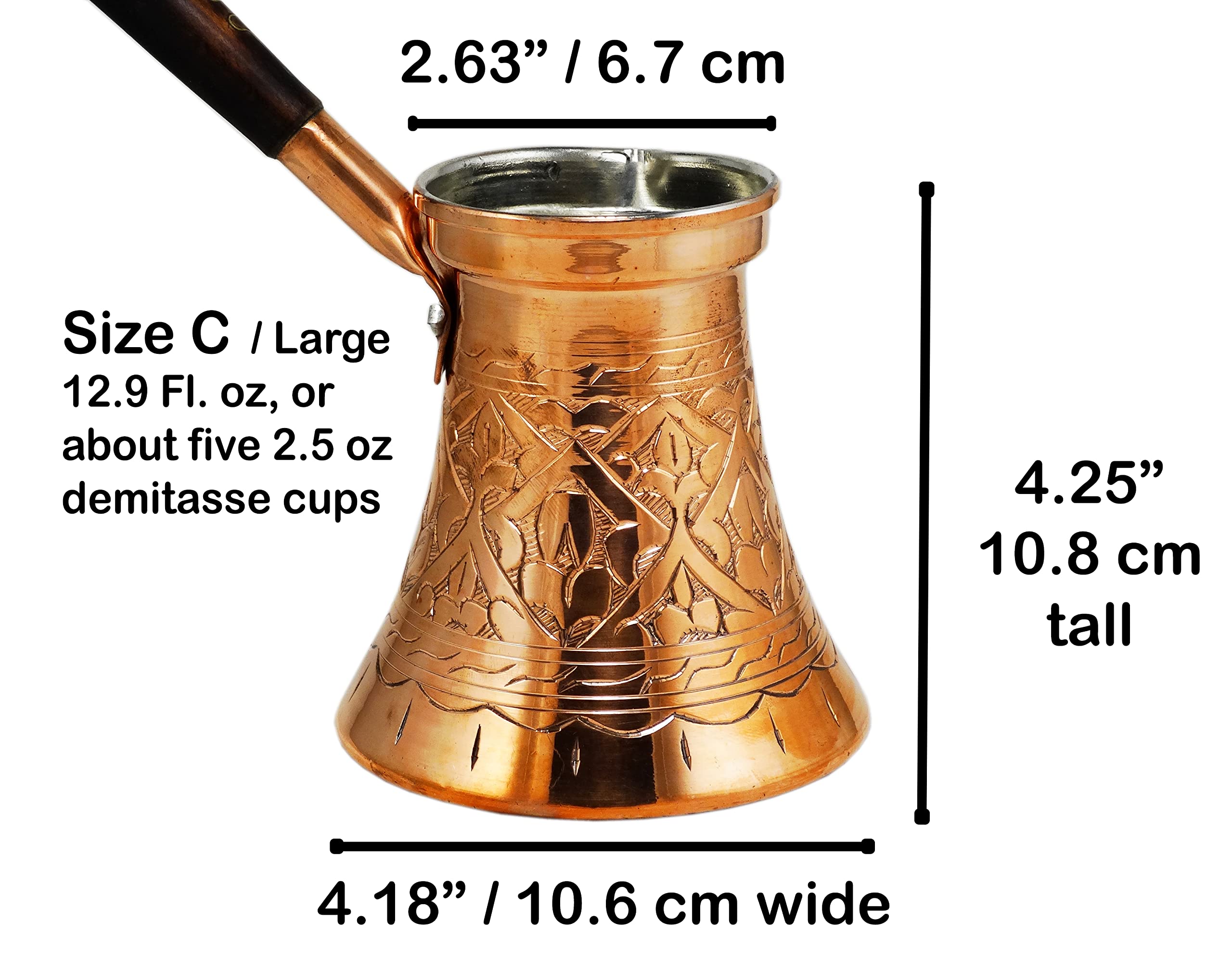 Balgin Hand Engraved and Decorated Turkish Greek Arabic Copper Coffee Pot Stovetop Coffee Maker Cezve Ibrik Briki with Wooden Handle (Type52, C/Large 12.9 Fl. oz)