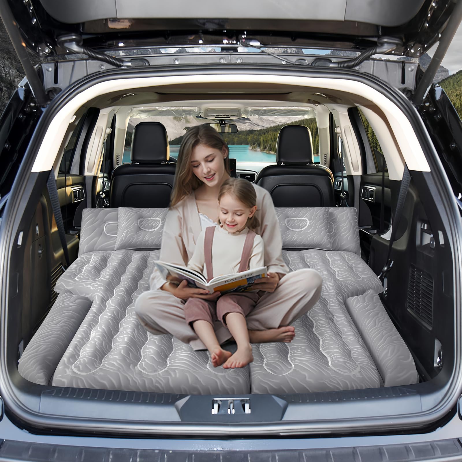 Car Air Mattress, Inflatable SUV Truck Air Mattress Back Seat Camping Bed Thickened Car Sleeping Pad for Travel, Car Bed SUV Mattress with Air Pump 2 Pillows: Silver Grey SUV Air Mattress