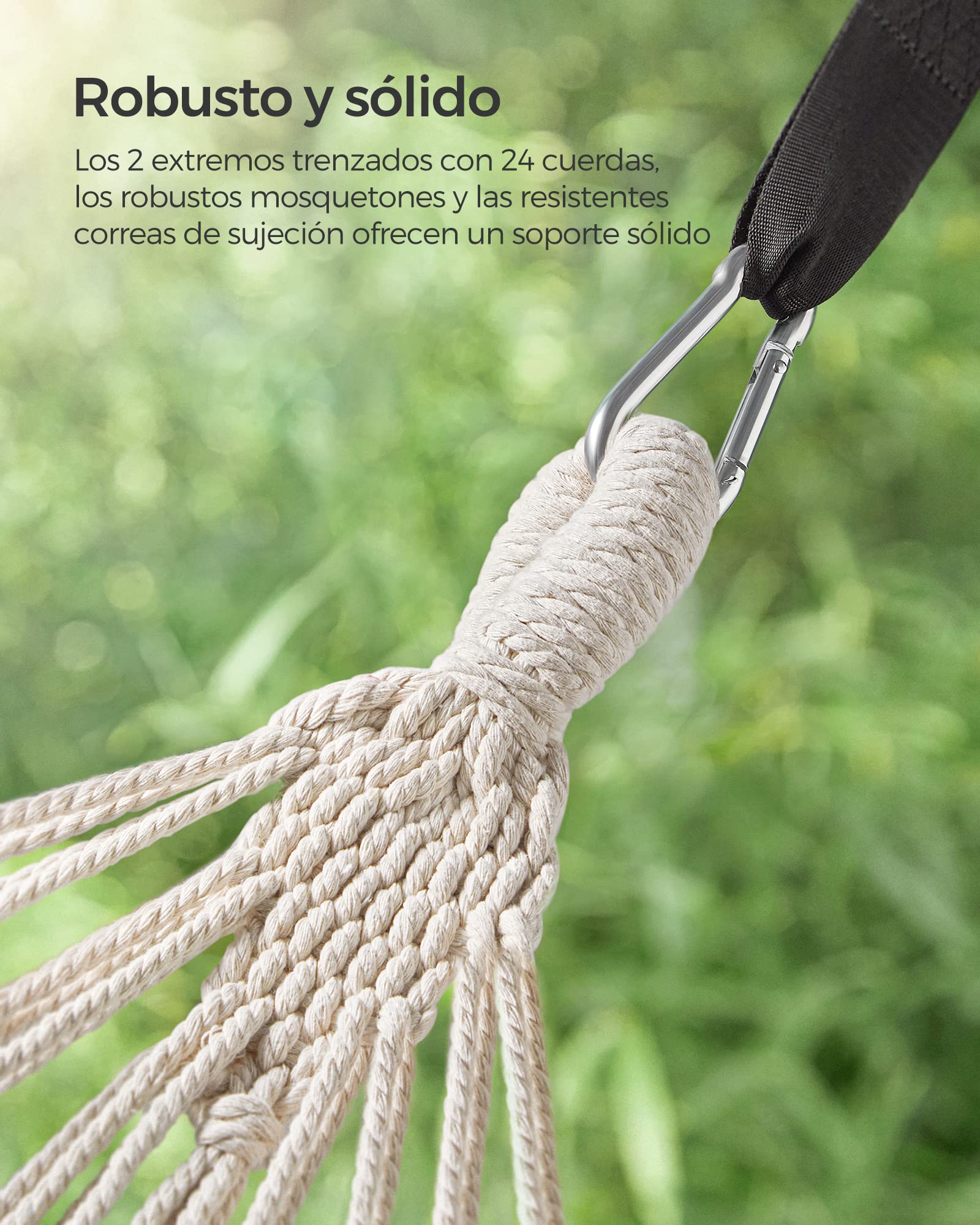 SONGMICS Hamaca, 210 x 150 cm, Hamaca Doble, Carga de 300 kg, para Jardín, Terraza, Balcón, al Aire Libre, Camping, Bolsa de Transporte, Correas de Fijación y Mosquetones, Beige GDC15M