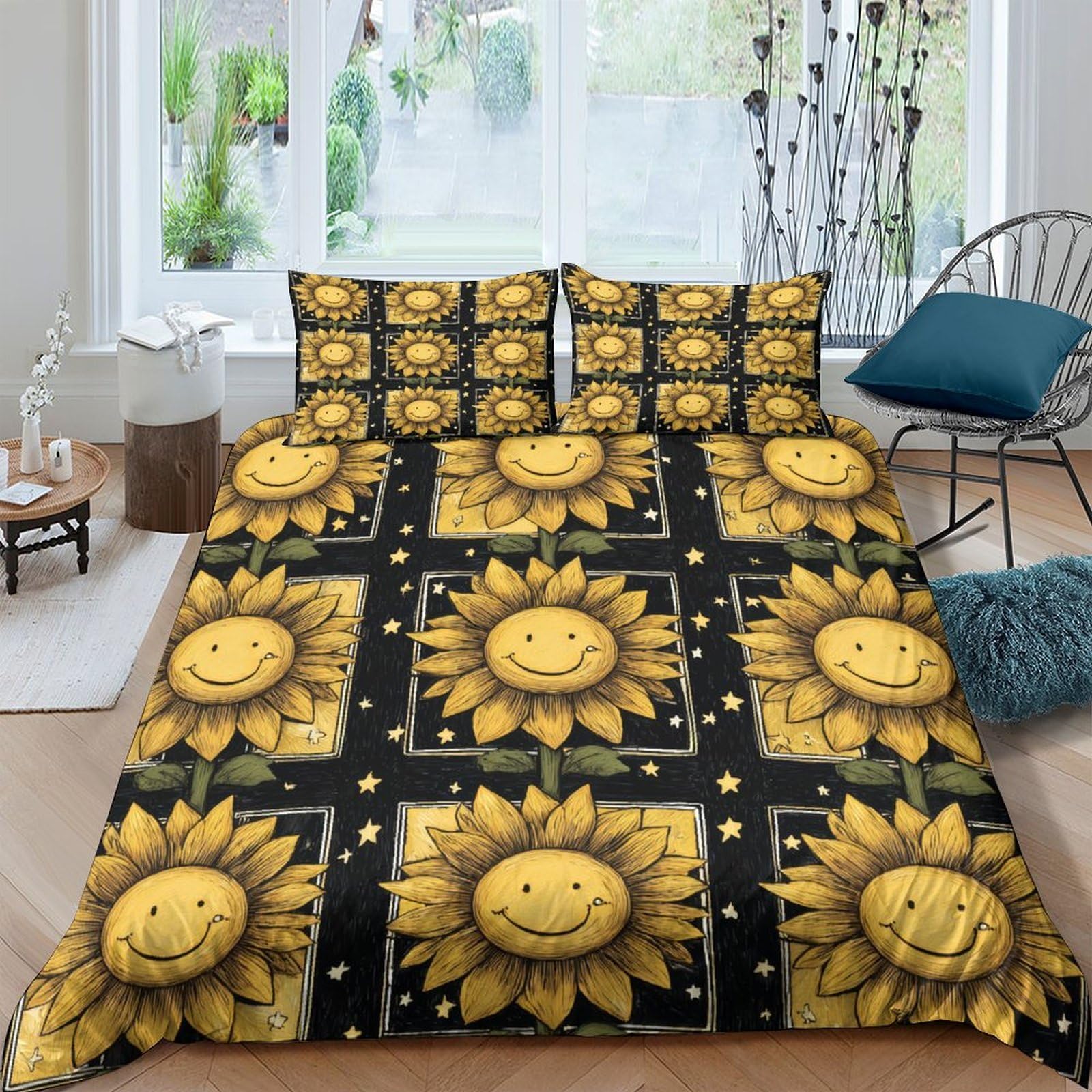 GPLZQXKJNH 3D Printed Sunflower Smiling Face Duvet Cover Microfiber Yellow Black Bedding Set with 2 Pillowcases for Bedroom Home Single（135x200cm）
