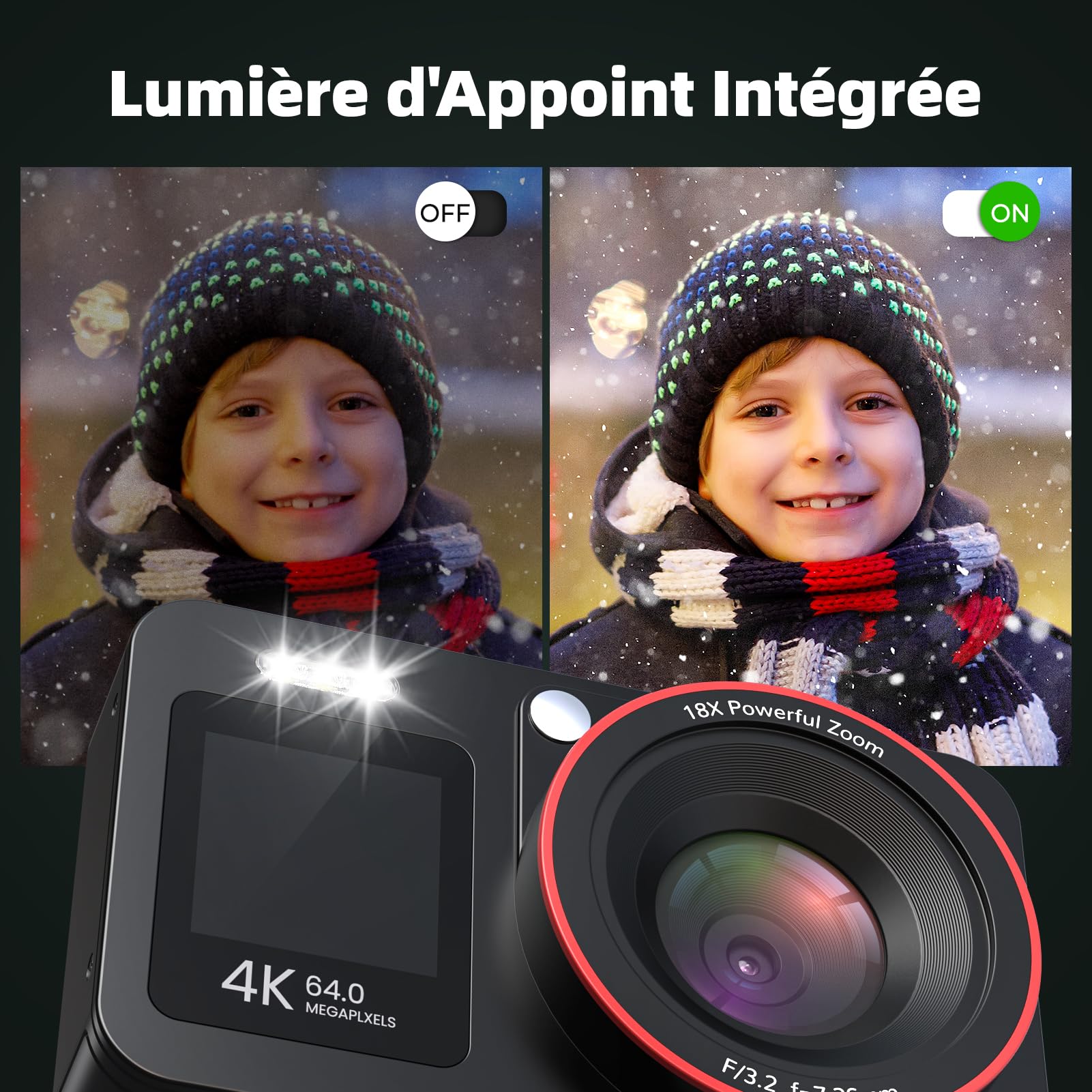 Appareil Photo Numérique 4K 64MP Digital Camera 18X Zoom Numérique Appareil Photo Compact Portable avec 2 Écran, 2 Batteries Carte SD de 64 GB pour Étudiant Débutant Cadeau, Noir