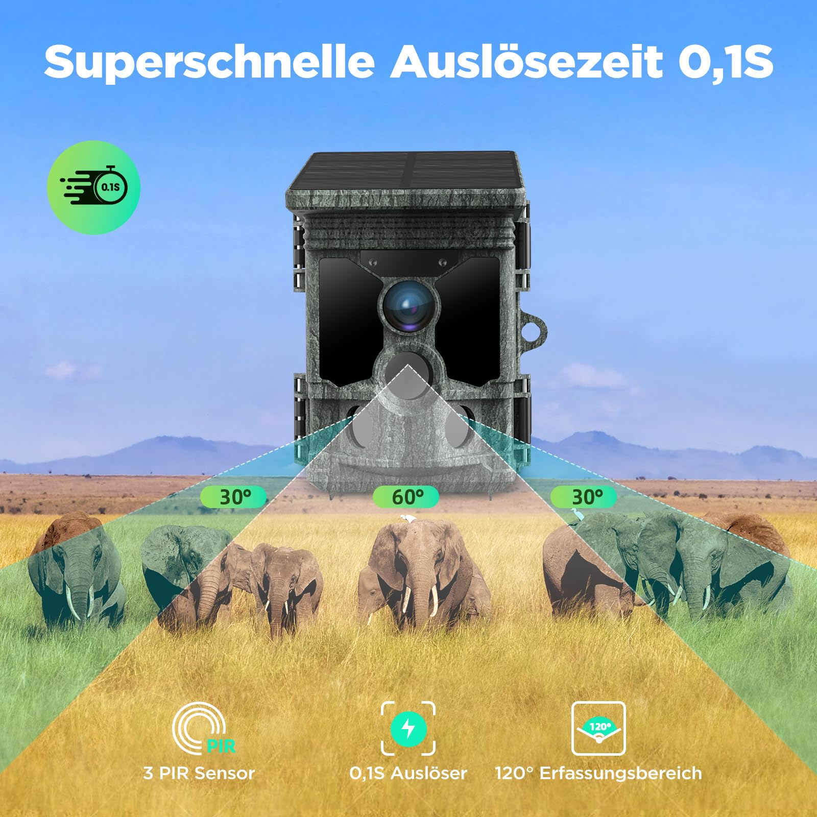 VOOPEAK Wildkamera WLAN Solar, 4K 30fps 46MP Wildkamera mit Handyübertragung App, Wildtierkamera mit Nachtsicht Bewegungsmelder 120° Erfassungs Winkel IP66 Wasserdicht für Wildtier Überwachung | Mit 0,1 s Auslösung, 120° Erfassung, 20 m Nachtsicht und IP6