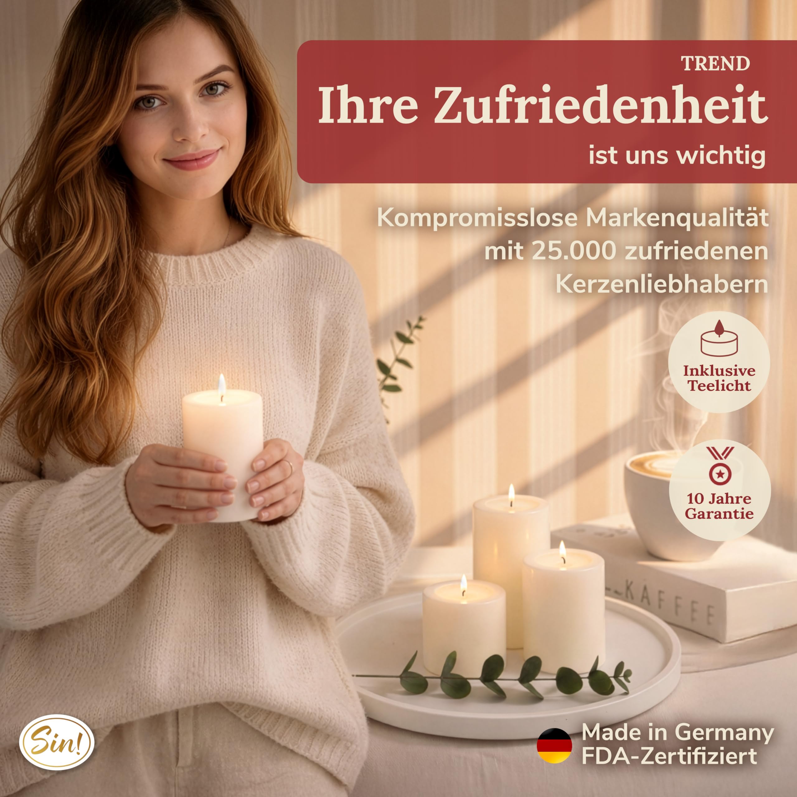 Sin!® 1x Teelichthalter & Dauerkerze Trend ∅12cm Höhe 25cm warmweiß - Die Kerze die Nicht schmilzt! Kunststoff-Kerze inkl. Teelicht 8 Std. Brenndauer (Made IN Germany) Kerzenoptik mit Teelichteinsatz