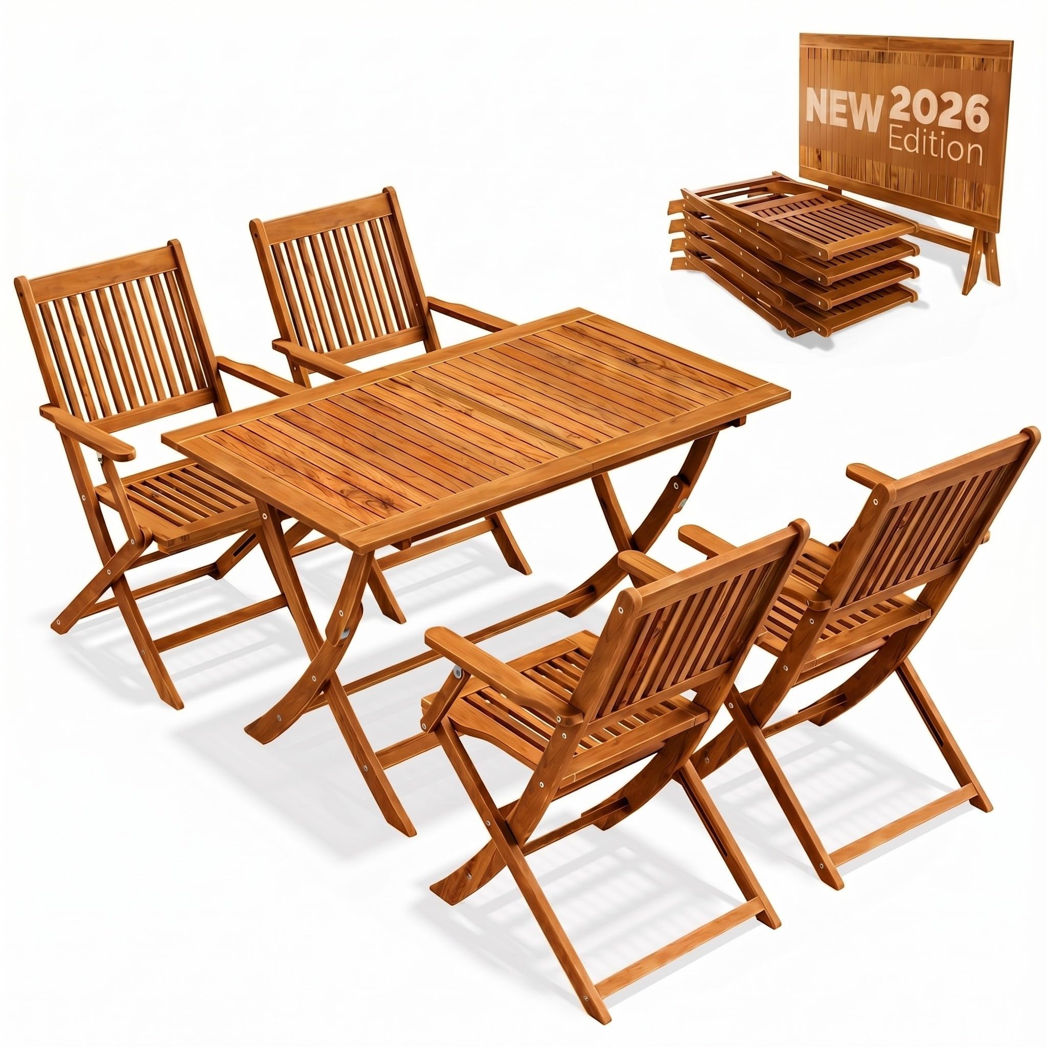 CASARIA® Garden Furniture Set NEW 2026 Model: Extra-Stable Table with Reinforcing Strip, 5-Piece FSC®-Certified Acacia Wood | 4 Foldable Chairs with Armrests | Wooden Outdoor Furniture Set