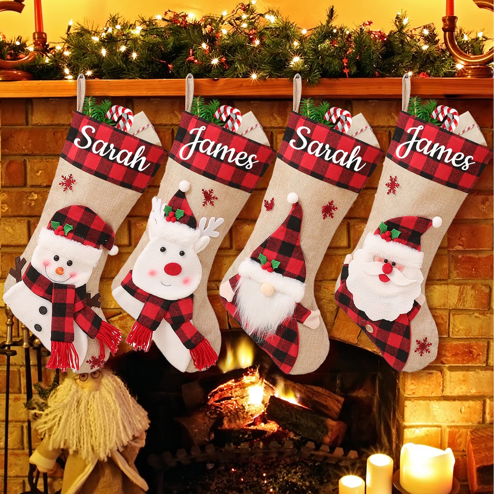Personalisierte Weihnachtsstrümpfe Jute Große Weihnachtsstrümpfe 6Pack Rot und Schwarz Büffel Plaid Bulk für Weihnachtsbaum Dekorationen