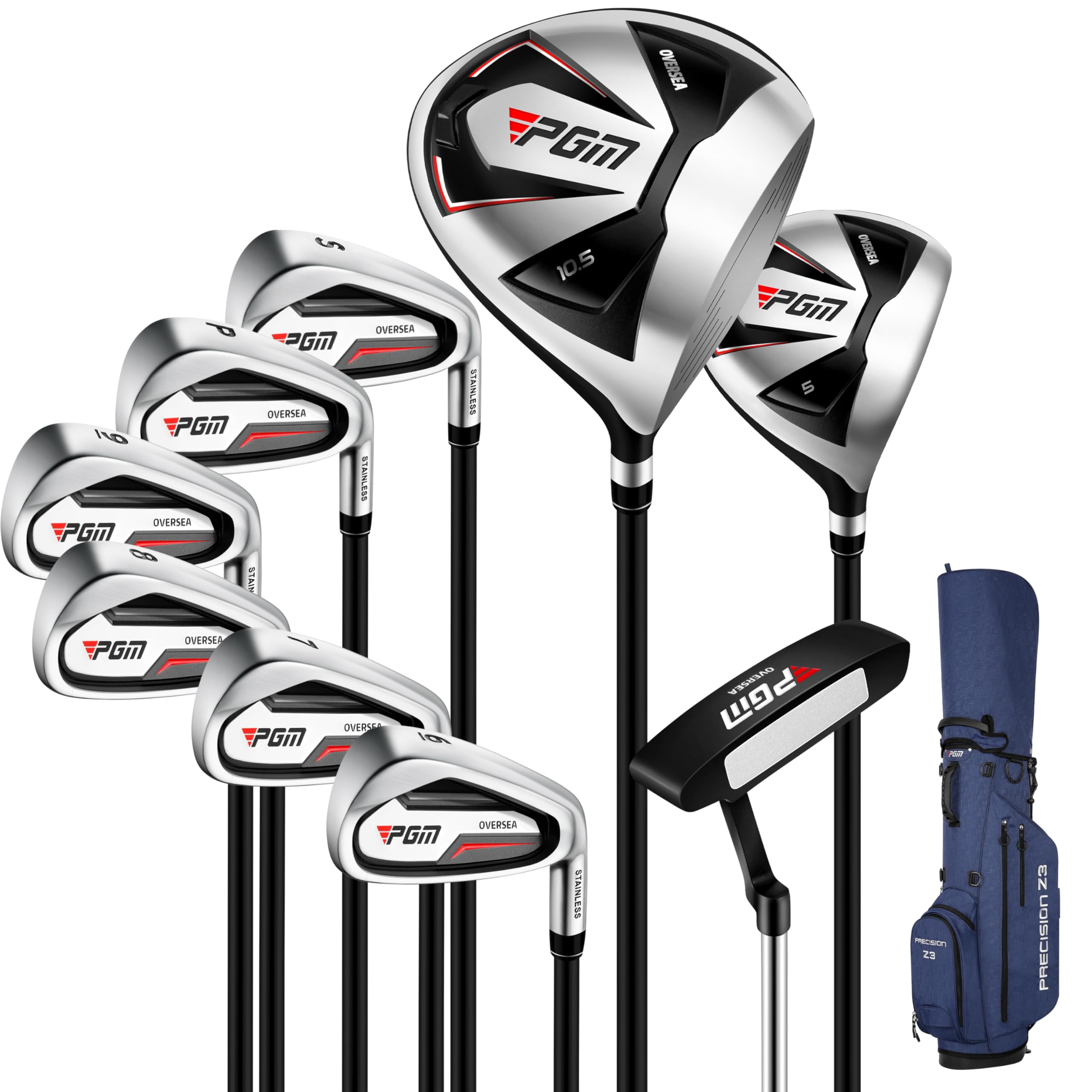 PGM Men's Oversea 9/12 Pieces Complete Golf Club Set with High-Strength Thin Face Design 460cc Driver High Forgiveness Ideal for Beginners