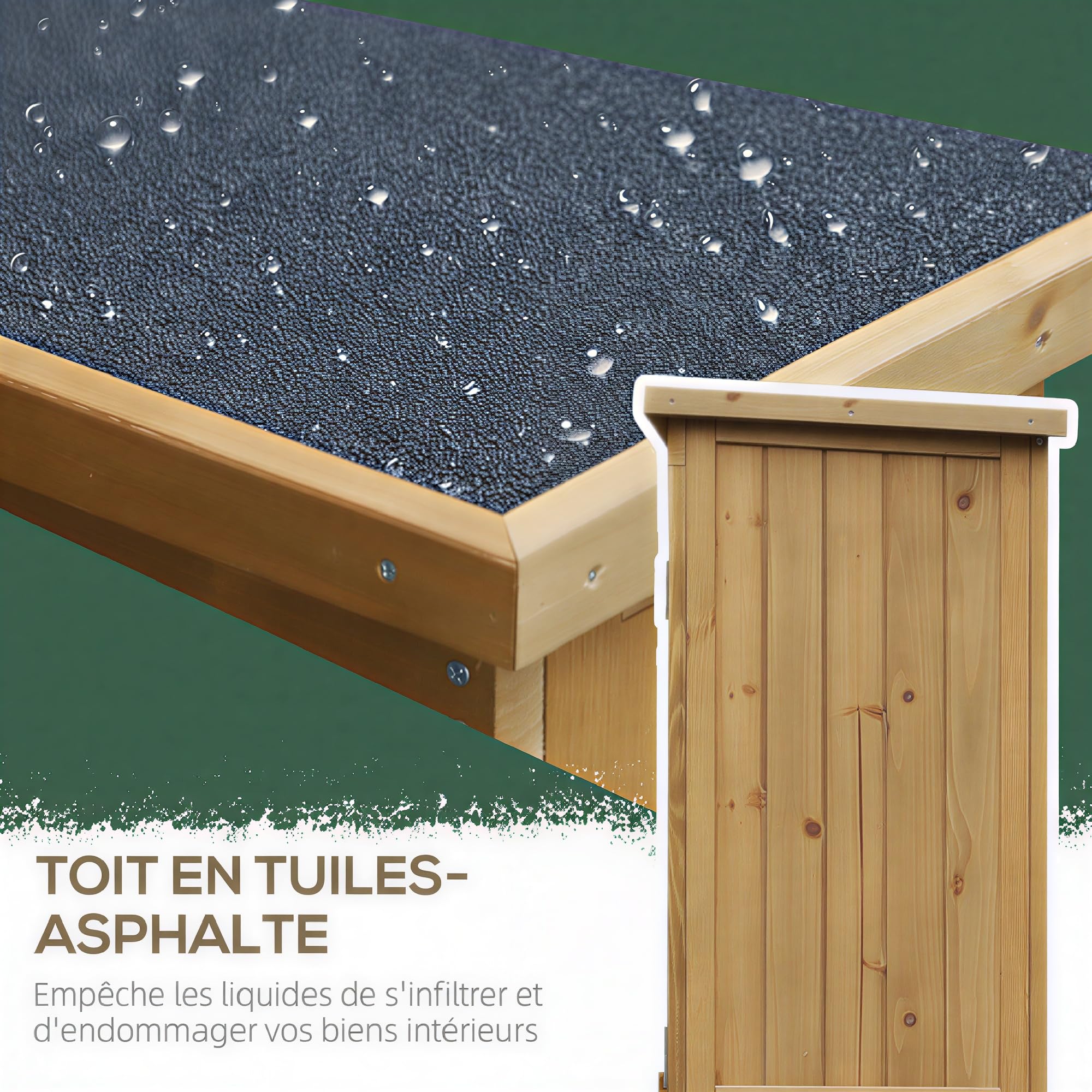 Outsunny Abri de Jardin abri à Outils sur Pied en Bois 2 étagères Portes à Volets Toit en Bitume incliné 87 x 47 x 160 cm Naturel