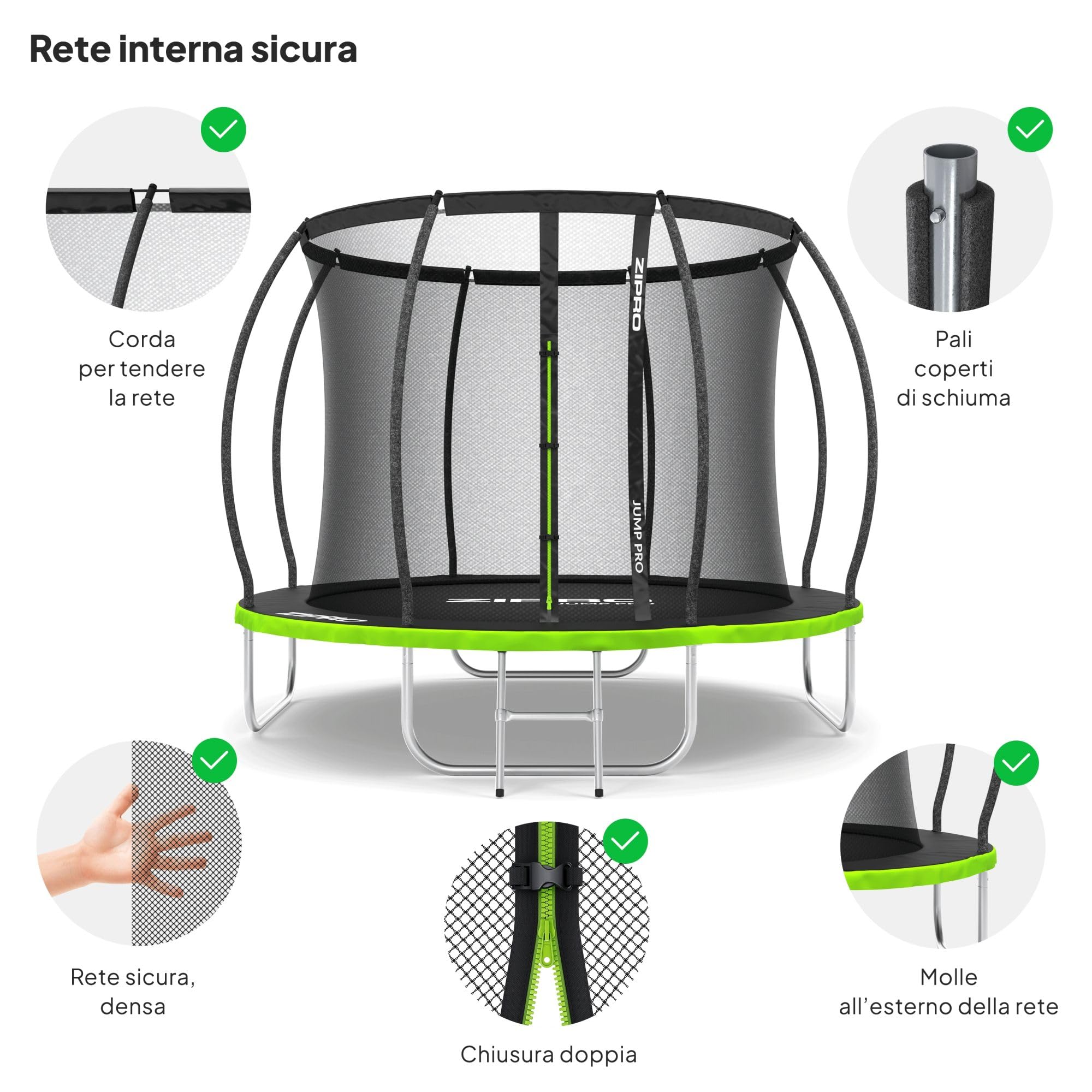 ZIPRO JumpPro PREMIUM Trampolino da Giardino, Trampolino per Bambini, con Rete Interna, Resistente, Protezione UV, Montaggio Facile, Portata fino a 150 kg,