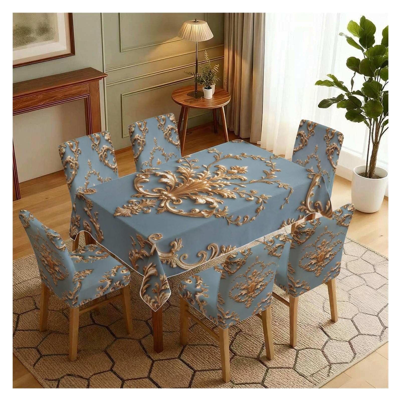 BOSUYBN Dusty Blue Base Gold Baroque Damask Printed Dining Tablecloth & Chair Covers Set, 5/7 Piece Luxury Royal Classic Home Decor Table Setting(7pcs Set: Tablecloth+Chair Covers)