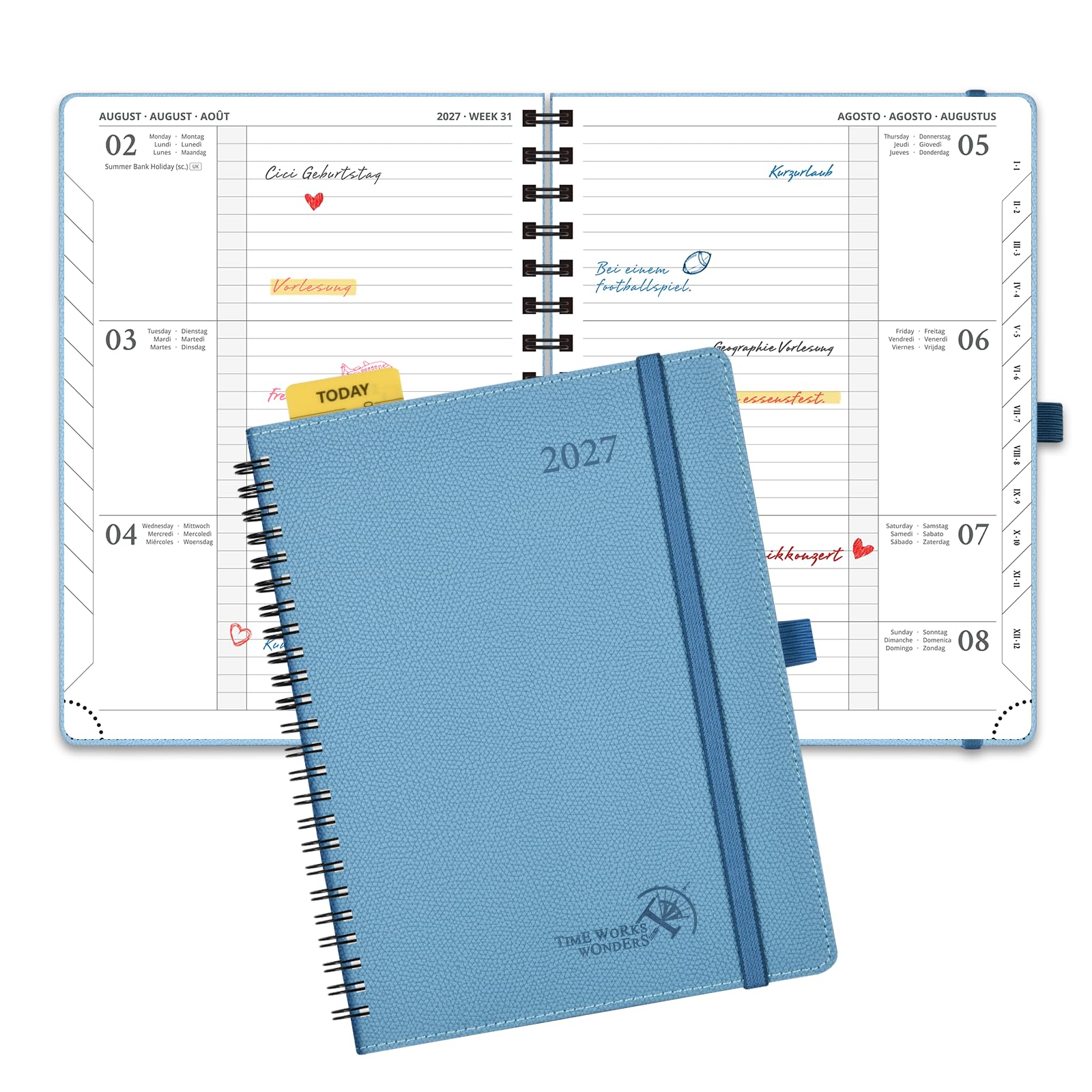 POPRUN Kalender 2027 Wochenplaner Horizontal ca.A5(21,8 x 16,4cm) | PU-Softcover,Spiralbuch,(Jan.2027-Dez.2027),1 Woche 2 Seite(Montag - Sonntag),Terminplaner mit 100 GSM Papier(Aquamarinblau)