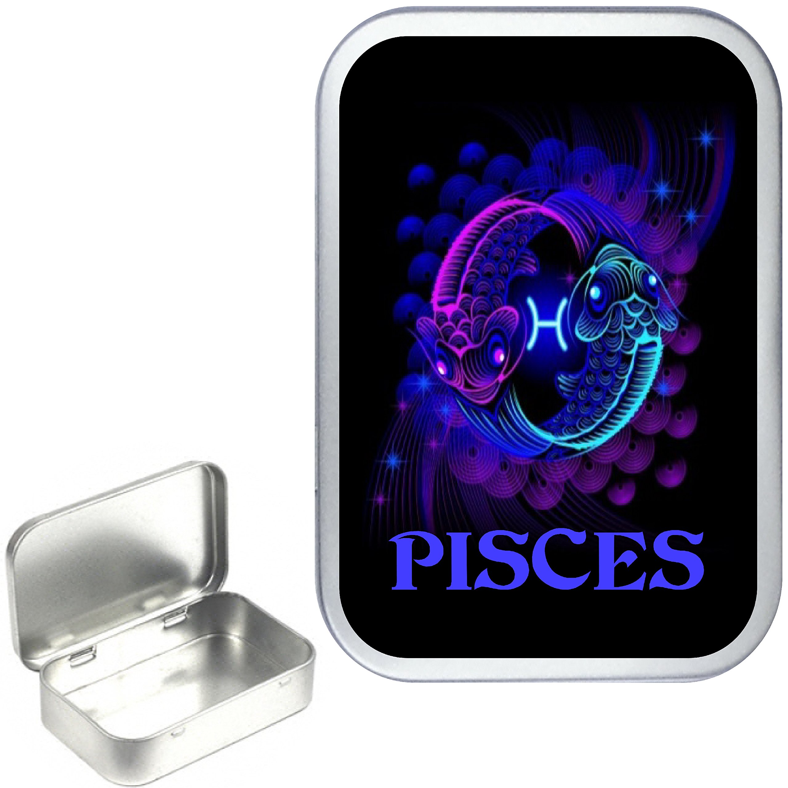 TEEZ - Zodiac Pisces 50ml, 1oz Hinged Silver Tobacco Tin, Pill Tin, Storage Tin
