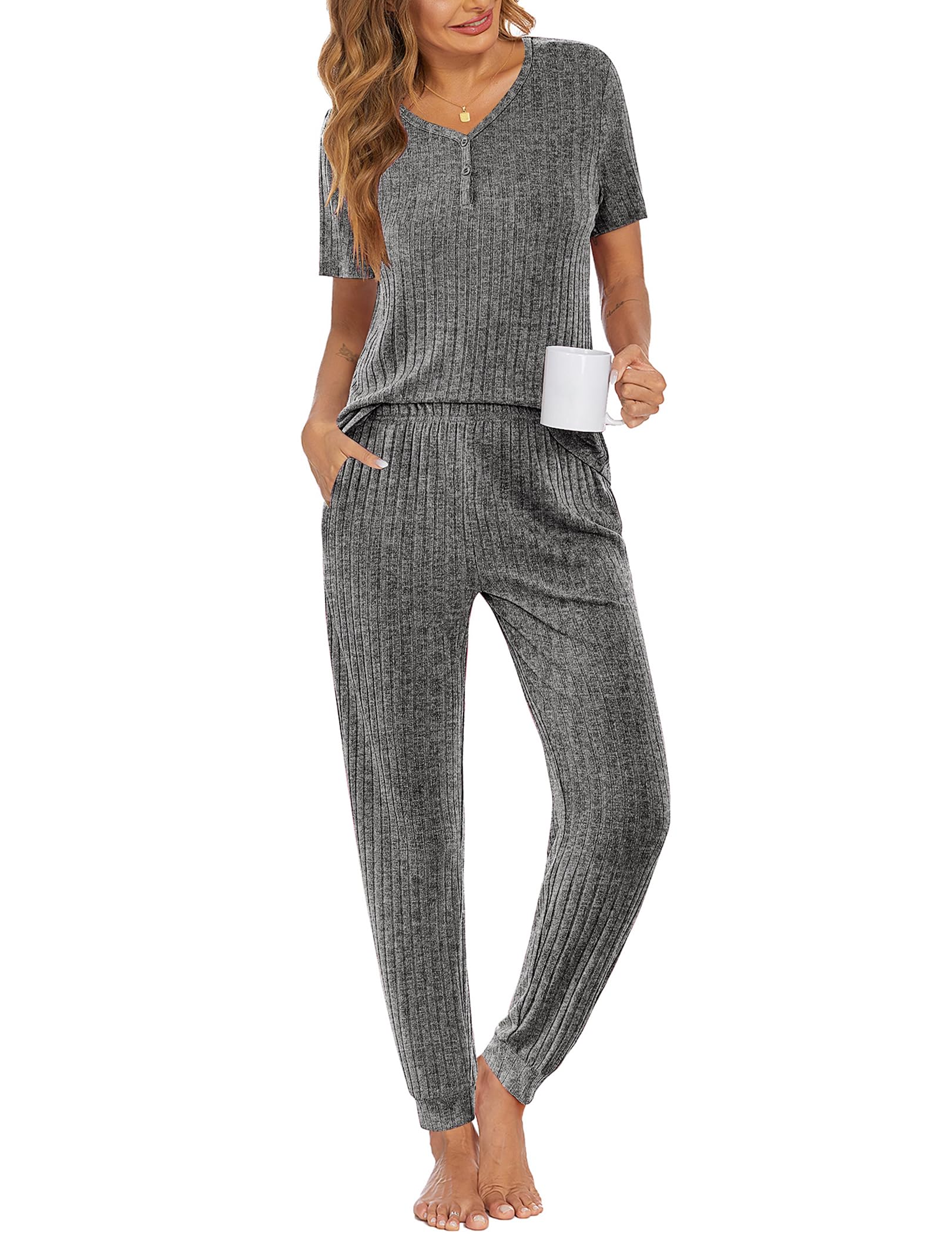 Ekouaer Pajama Sets for Womens Rib Knit Lounge Set Jogger Pants Short Sleeve Sleepwear 2 Piece Outfits Set with Pockets