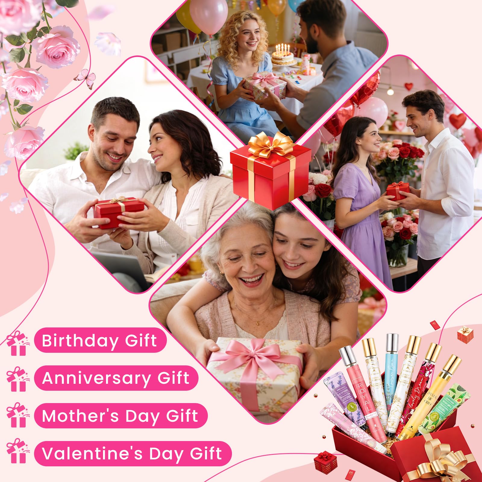 Coffret cadeau de parfum pour femme : 10x35ml mini parfums + 10 mini crèmes pour les mains, Eau de parfum pour femme aux notes florales et fruitées. Idéal comme cadeau pour un la Saint Valentin, Noël