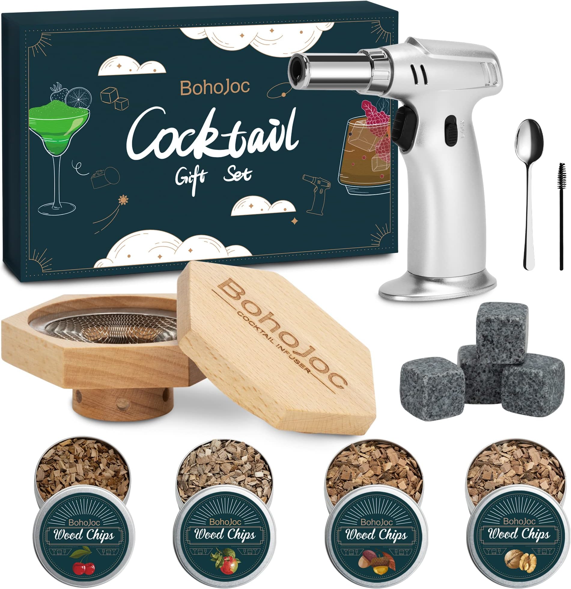 Stainless Steel & Wood Smoker Kit 6 - Cocktail Smoker Kit with Torch, Bourbon Whiskey Smoker Kit, Men's Gifts for Dad, Boyfriend, Christmas (No Butane)