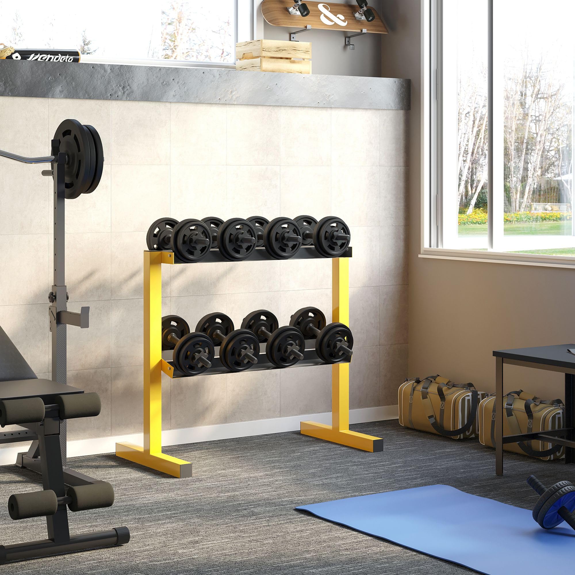 SPORTNOW Supporto per manubri a 2 livelli, supporto per bilanciere fino a 270 kg, supporto per sollevamento pesi, allenamento di forza, acciaio, giallo, nero, 92,5 x 50,5 x 80,5 cm