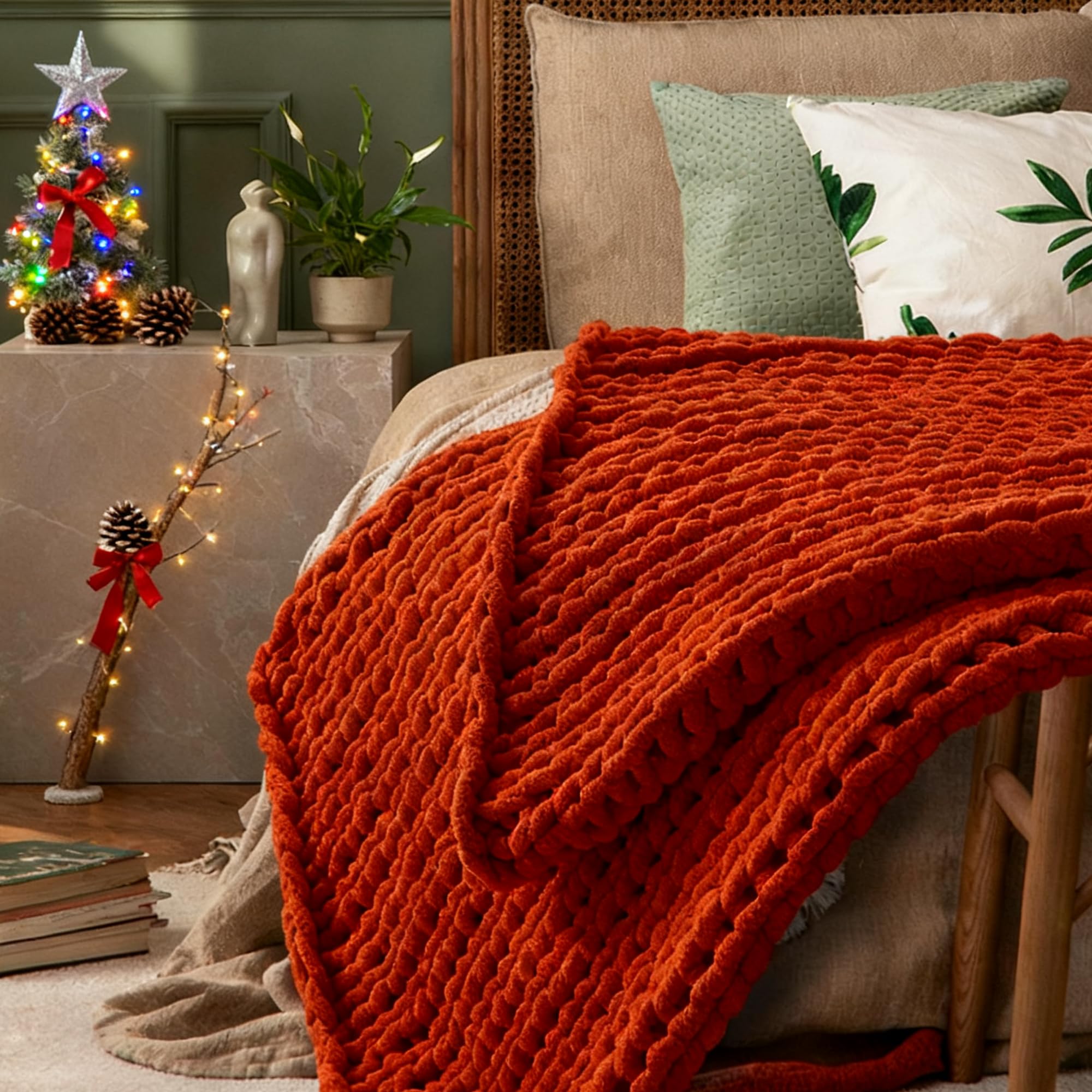 Fognoy Orange Chunky Knit Blanket Throw 30" X 40", Handmade Warm & Soft Chenille Throw Blanket, Washable Decorative Throw Blanket With Jumbo Chenille Yarn For Couch Bed Sofa,