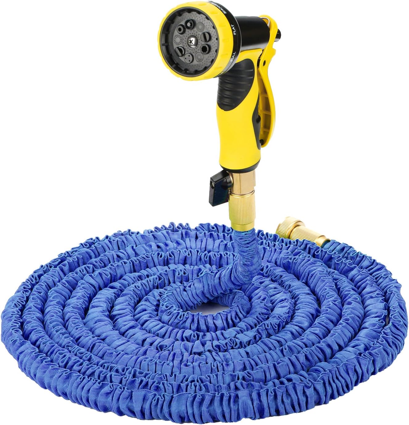 Evigreen 75FT Blue Expandable Garden Hose Durable Latex Hose Pipe Strongest Fabric Cover Brass Connector with 9 Pattern Spray Nozzle