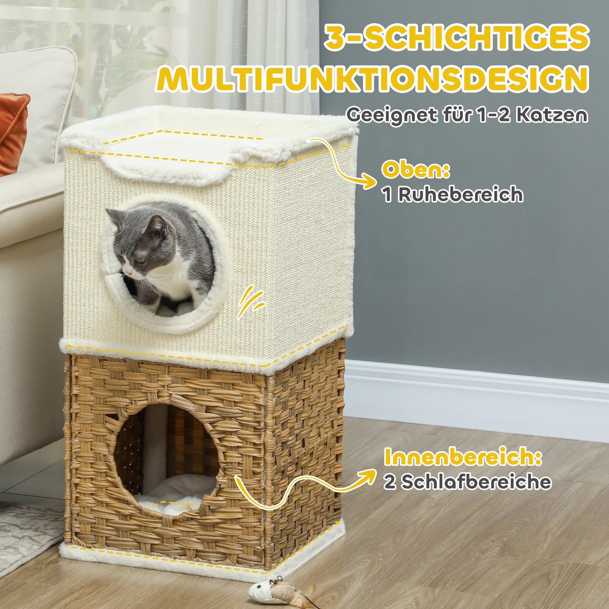 PawHut Tiragraffi alto 75,5 cm, a tre piani, con bordo in peluche, cuscino, grotta per gatti, albero tiragraffi per gatti di medie dimensioni, bianco crema