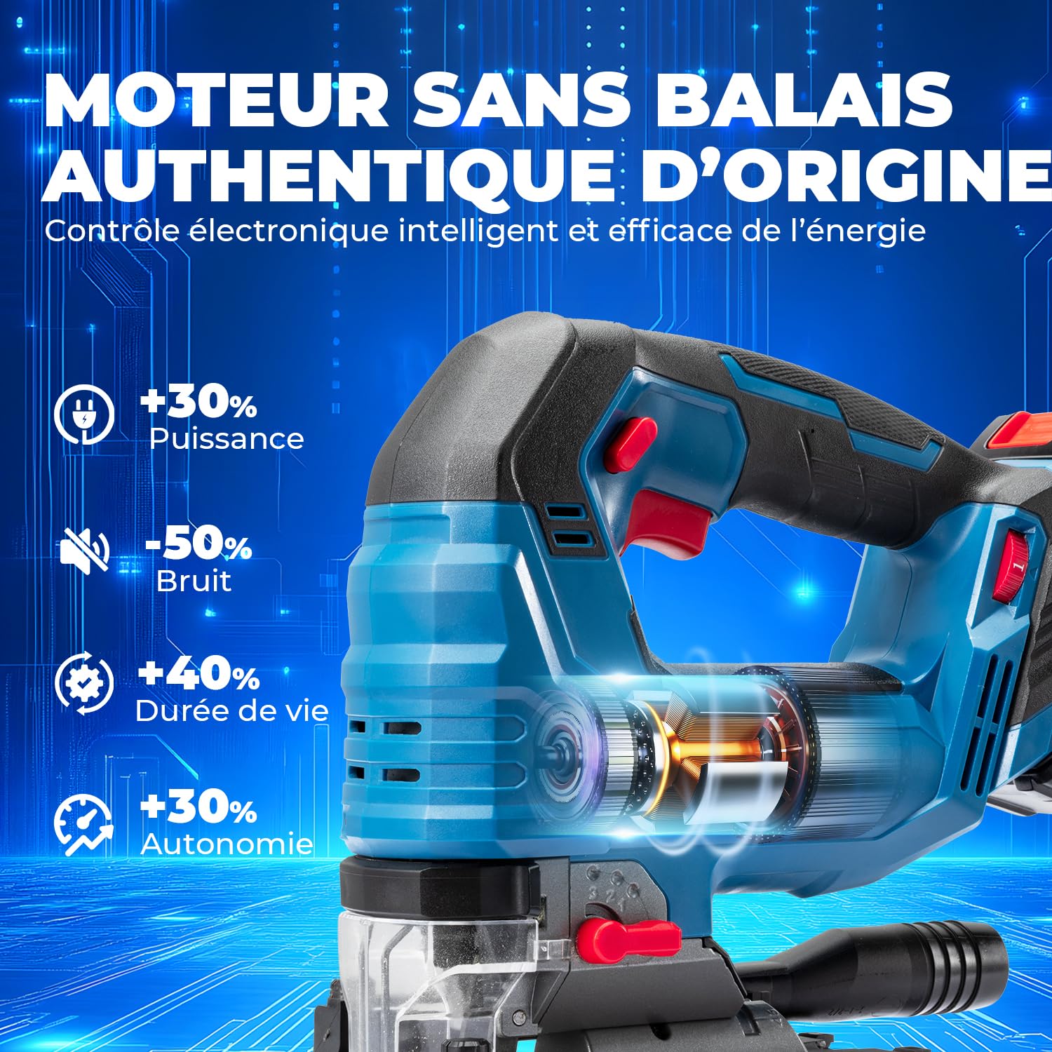 Dong Cheng Scie Sauteuse Sans Fil 18V Sans Balais, Scie Sabre Pendulaire course de 26 mm, 6 Vitesses, Coupe Biseau 0-45°, Double LED & Souffleur - Avec Batterie 4Ah, 6 Lames, Chargeur et Caisse Pro