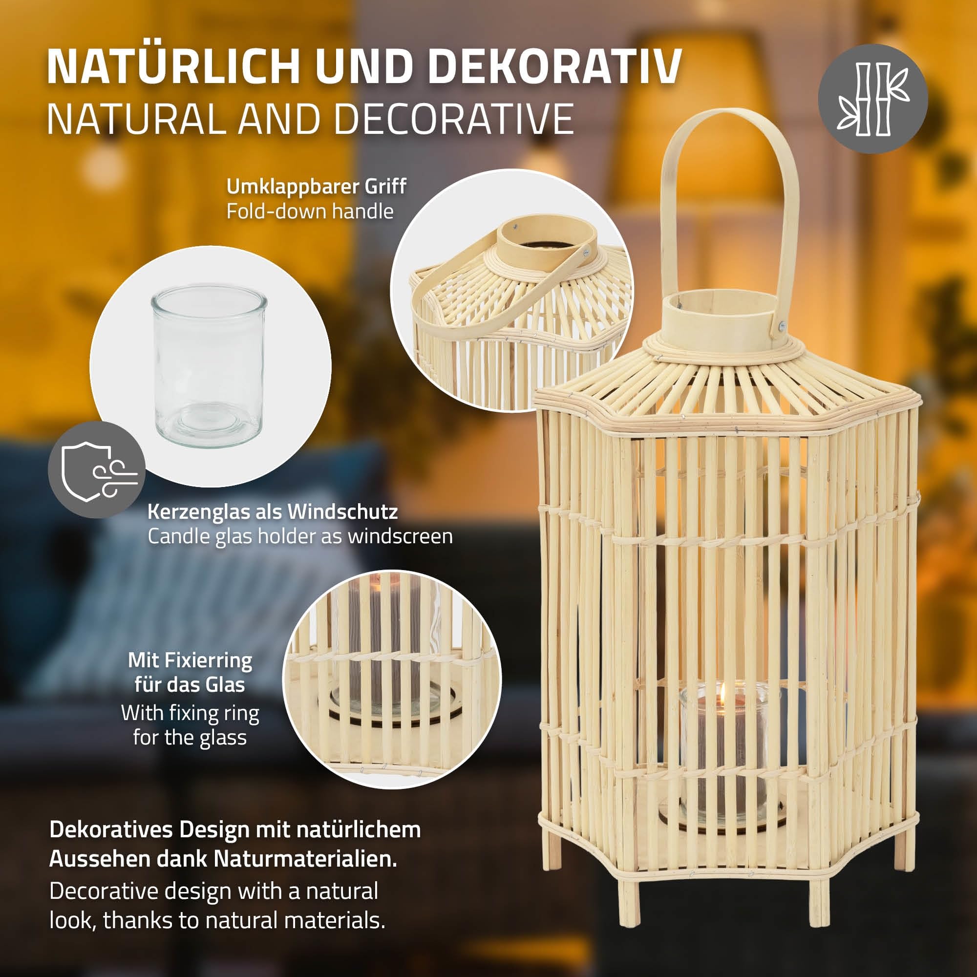 ECD Germany Linterna de Bambú Madera, 60 cm de Altura, Portavelas de Jardín con Asa y Inserto de Cristal, Farol de Estilo Boho, Lámpara Colgante Interior/Exterior Decorativo para Terraza, Balcón