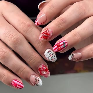 24Pcs Valentines Press on Nails Short Almond Fake Nails with Pink Heart Lips Design False Nails XOXO French Artificial Nails Press ons Reusable Stick on Nail Red Relief Heart Acrylic Nail for Women