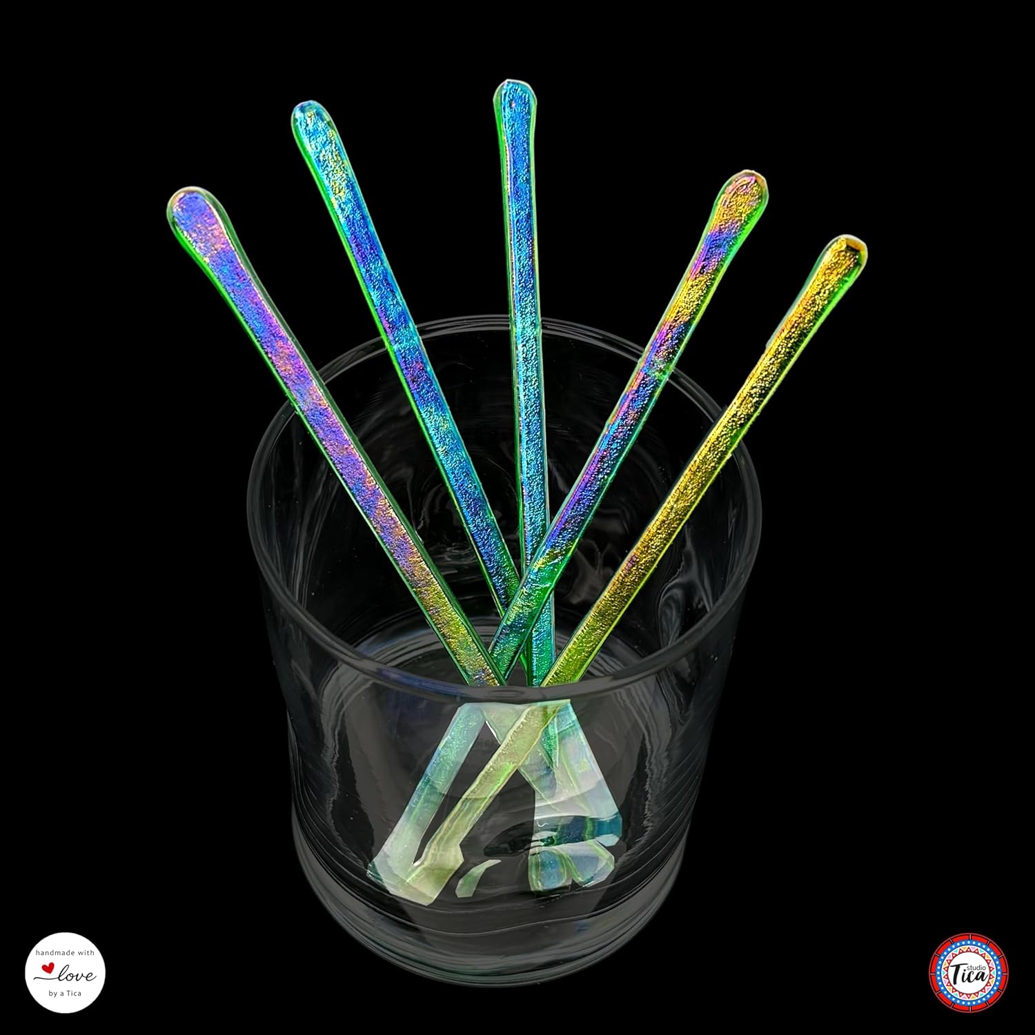 Handmade Glass Swizzle Sticks: Shamrock Fire (Frosted Fire Collection) - Cocktail Coffee Pitcher Stirrers - 5.50 inches - Set of 5 with Gift Box by studioTica