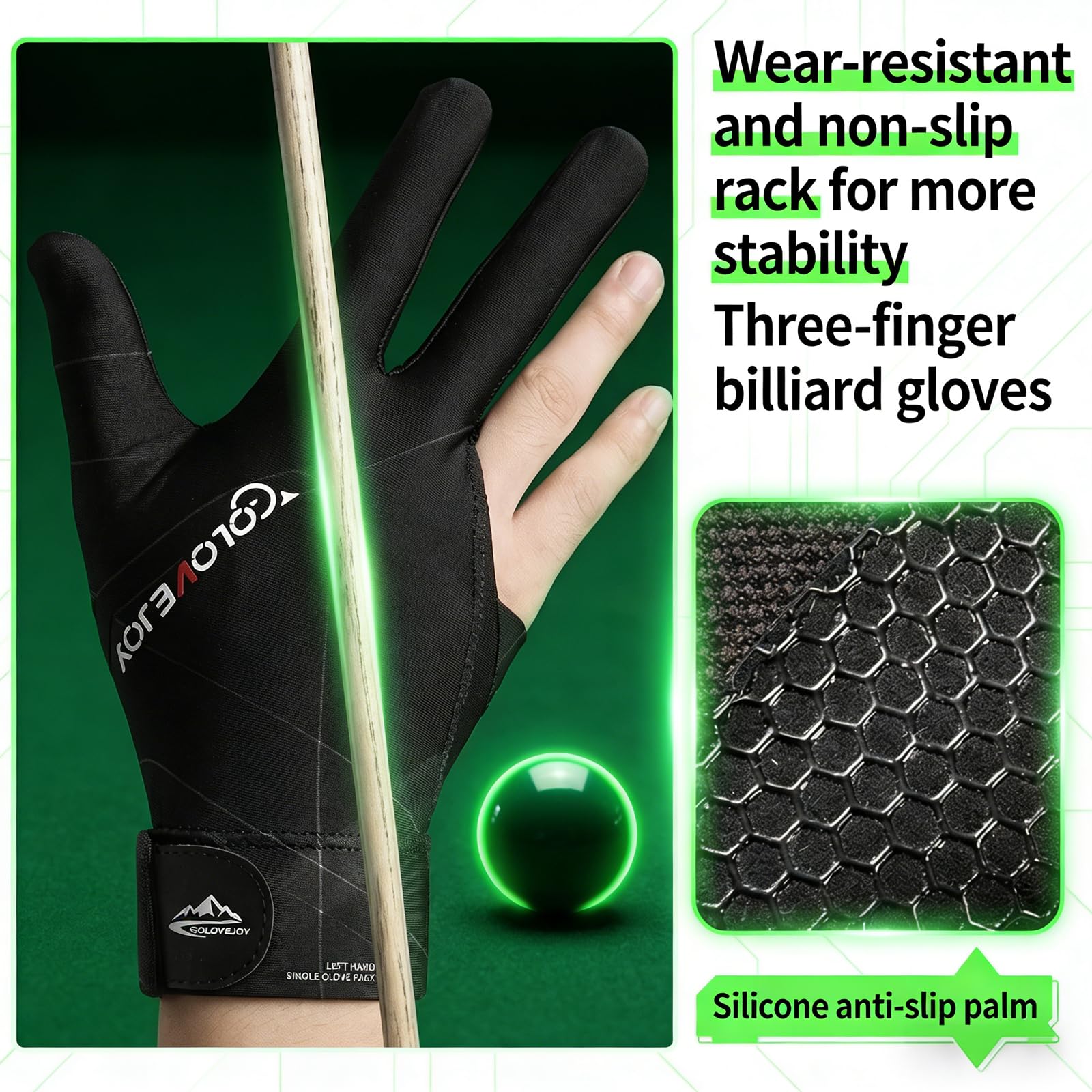 Gants de Billard Respirants à Séchage Rapide Antidérapant pour Tir Précision Queue de Billard Noir