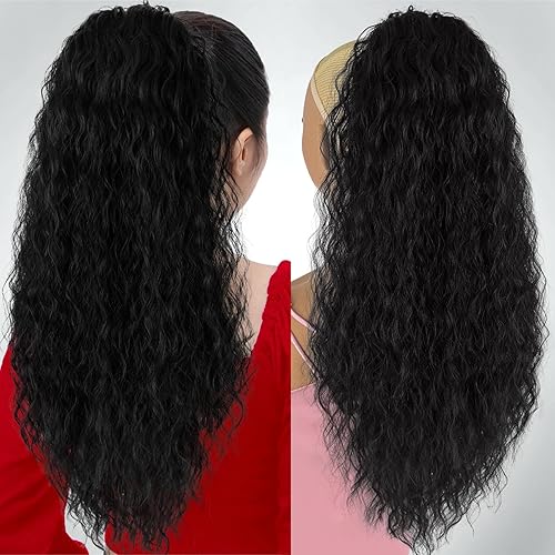 Miniatura 2 de Extensión de cola de caballo larga y rizada con cordón para mujer, 26 pulgadas, color negro, largo y ondulado, con clip, cola de caballo sintética