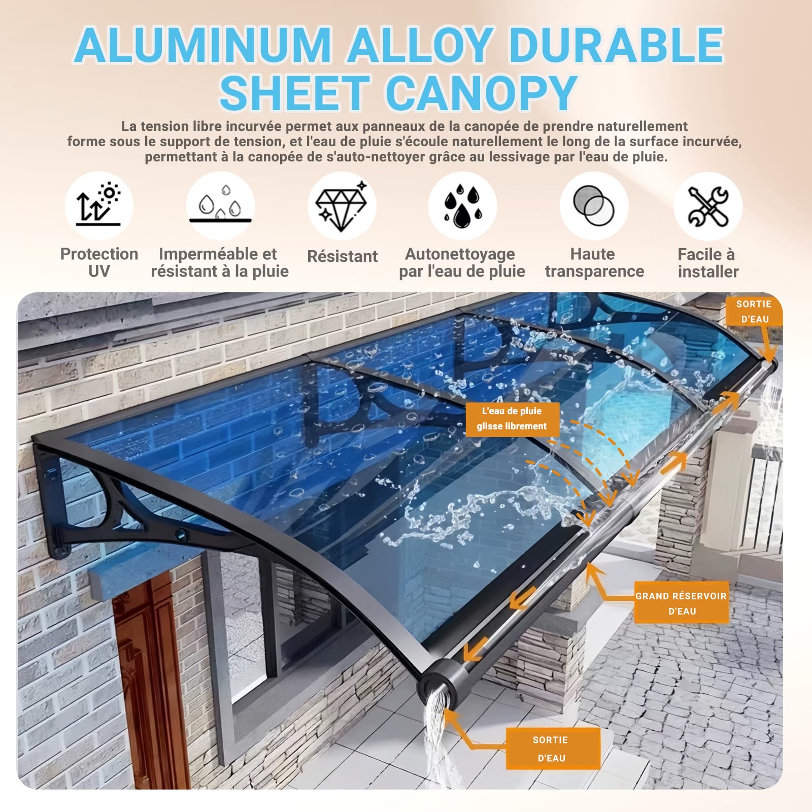 Toldo para puerta exterior resistente a la intemperie, policarbonato gris, aluminio y ABS, 80 x 260 cm, refugio de entrada para casa y terraza